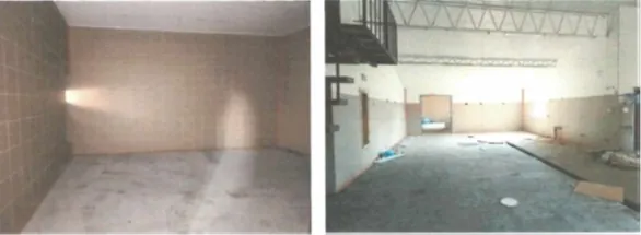 Dwa zdjęcia przedstawiające puste pomieszczenia przemysłowe lub magazynowe. Lewe zdjęcie pokazuje róg pomieszczenia z jasną ścianą i betonową podłogą. Prawe zdjęcie przedstawia większą halę z betonową podłogą, widoczną konstrukcją stalową pod sufitem oraz otworem drzwiowym w głębi.
