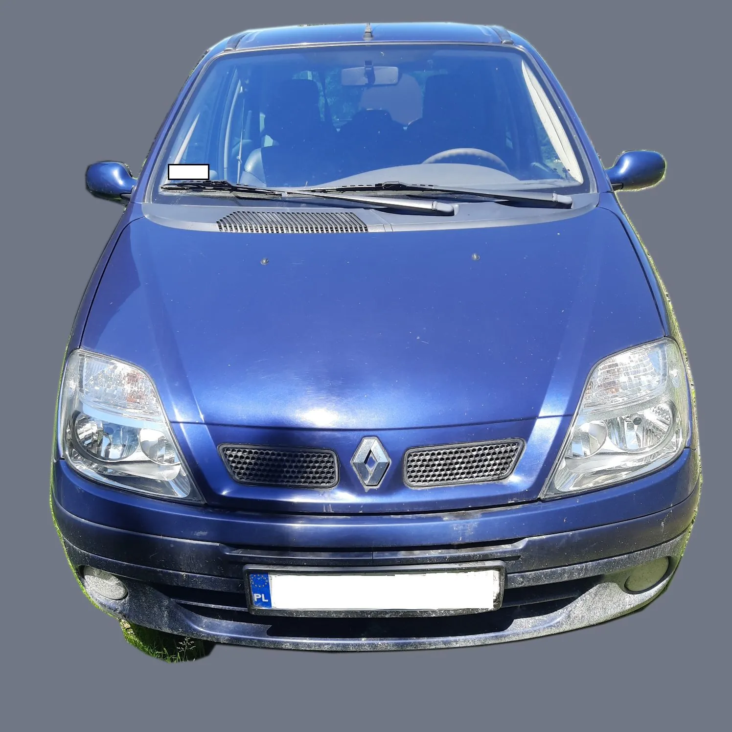 Widok z przodu niebieskiego samochodu osobowej marki Renault. Pojazd posiada charakterystyczne logo rombu na grillu, dwa duże reflektory oraz białą tablicę rejestracyjną z oznaczeniem PL po lewej stronie. Samochód jest ustawiony centralnie na szarym tle.