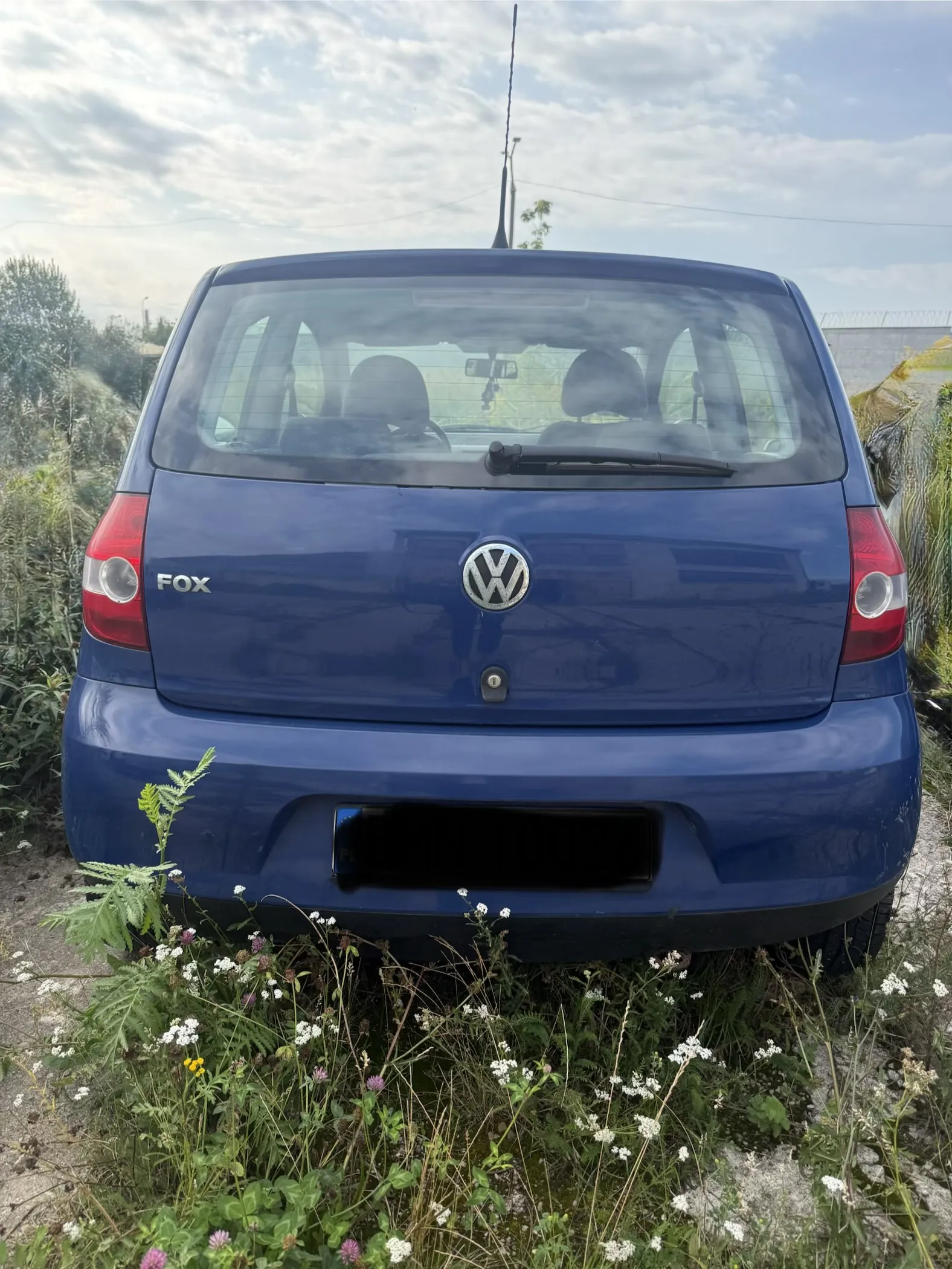 Tylny widok niebieskiego samochodu marki Volkswagen model Fox, zaparkowanego wśród wysokiej trawy i dzikich roślin. Na klapie bagażnika widoczne jest logo Volkswagena oraz napis FOX po lewej stronie. Tablica rejestracyjna jest zakryta czarnym polem.