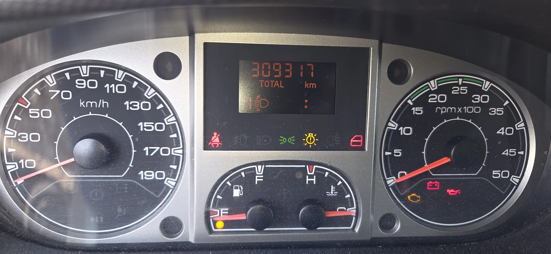 Tablica rozdzielcza samochodu z trzema głównymi wskaźnikami. Po lewej stronie prędkościomierz z zakresem do 190 km/h, wskazówka na około 10 km/h. W centrum wyświetlacz cyfrowy z licznikiem przebiegu 309317 km, napisem TOTAL i km. Poniżej wyświetlacza ikony ostrzegawcze: czerwony pas bezpieczeństwa, żółte światła, zielone światła, żółty symbol ostrzegawczy, czerwony akumulator. Na dole wskaźnik paliwa blisko E (pusty) i wskaźnik temperatury w normie. Po prawej stronie tachometr z zakresem do 50 (rpm x100), wskazówka na około 5. W dolnej części tachometru czerwone ikony: akumulator, olej, oraz pomarańczowy symbol check engine.