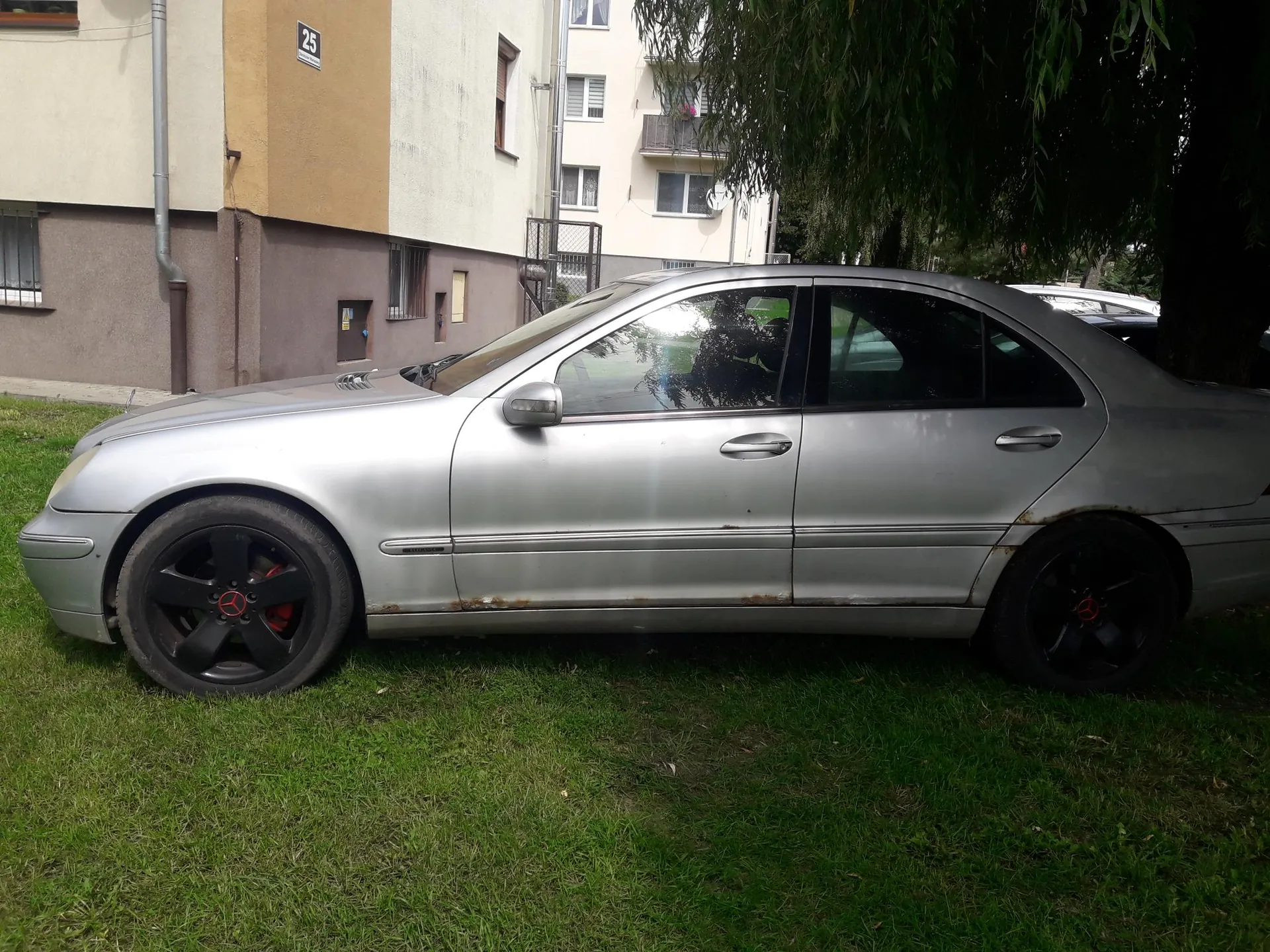 Srebrny samochód osobowy typu sedan zaparkowany na trawie. Samochód ma czarne felgi z czerwonym logo Mercedes-Benz, widoczne ślady rdzy wzdłuż dolnej krawędzi karoserii. W tle budynek mieszkalny z numerem 25 na ścianie, okna z kratami, drzewa oraz inne zaparkowane pojazdy. Trawa jest zielona, a horyzont jest poziomy.