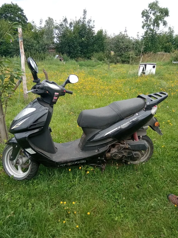 Czarny skuter marki Torq zaparkowany na zielonej trawie z żółtymi kwiatami. Na boku skutera widnieje napis 'TORQ' oraz 'FORMAX'. W tle znajdują się zielone krzewy i drzewa pod jasnym niebem.