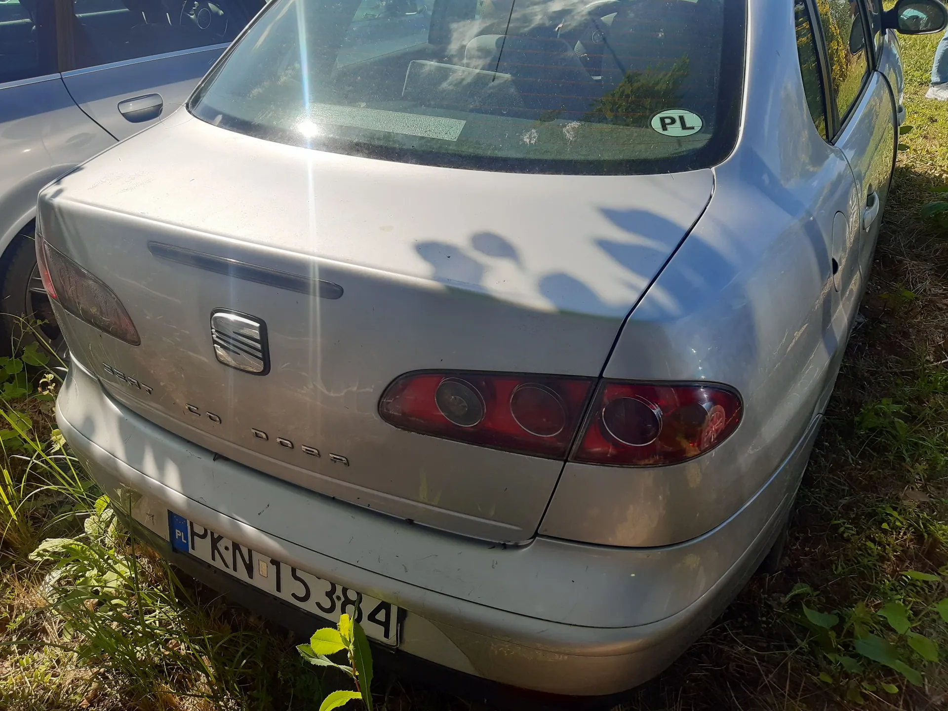 Tylny widok srebrnego samochodu marki SEAT zaparkowanego na trawie. Na tylnej szybie znajduje się owalna naklejka z napisem 'PL'. Na klapie bagażnika widoczne jest logo SEAT oraz napis 'LEON'. Samochód posiada polską tablicę rejestracyjną o numerze 'PKN 15384'. Na karoserii widoczne są cienie rzucane przez liście drzew.