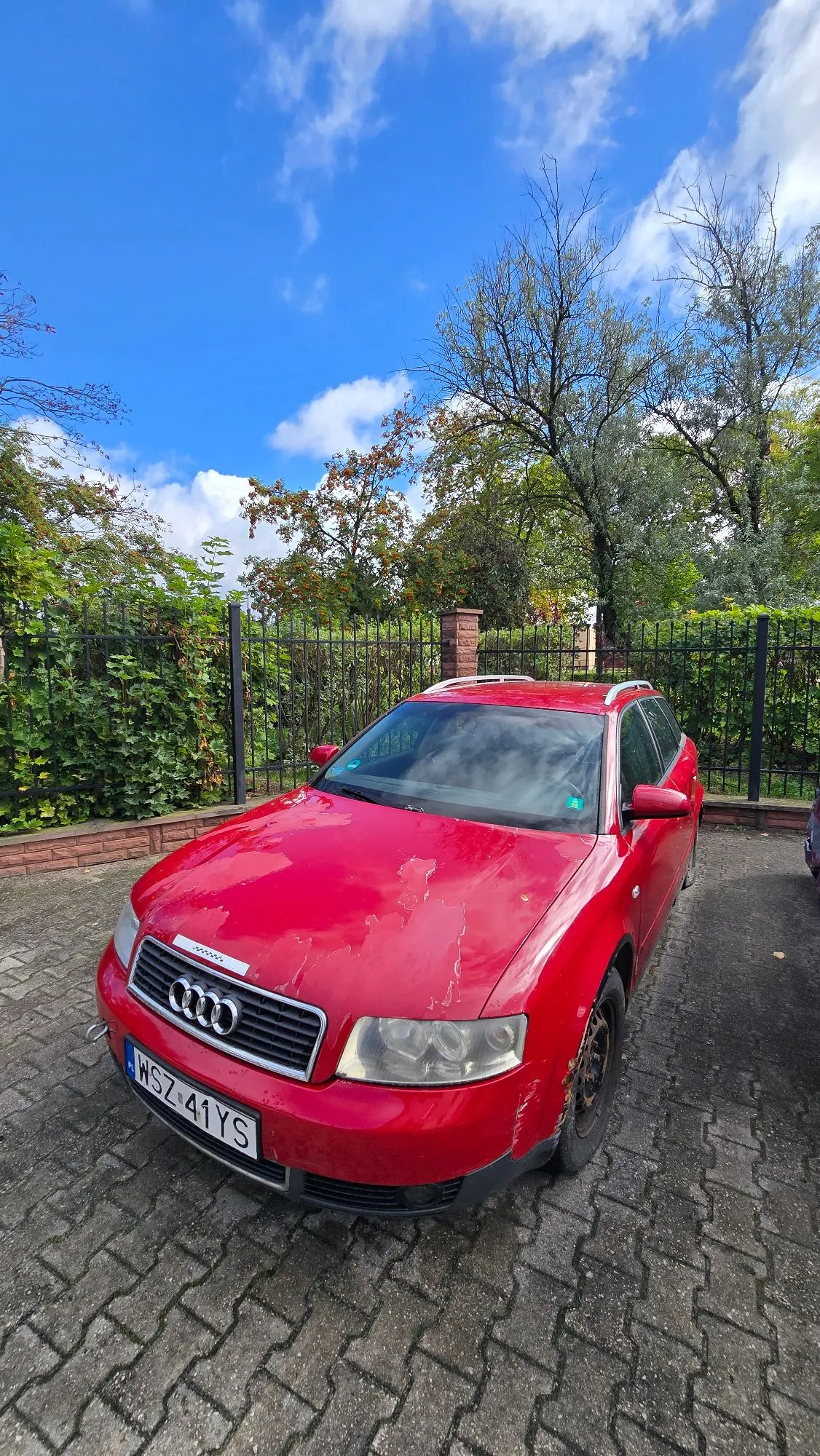 Czerwony samochód marki Audi w nadwoziu kombi zaparkowany na kostce brukowej. Pojazd ma widoczne uszkodzenia lakieru na masce. Tablica rejestracyjna ma numer WSZ 41YS. W tle znajduje się czarny metalowy płot, zielone krzewy oraz drzewa pod niebieskim niebem z białymi chmurami.