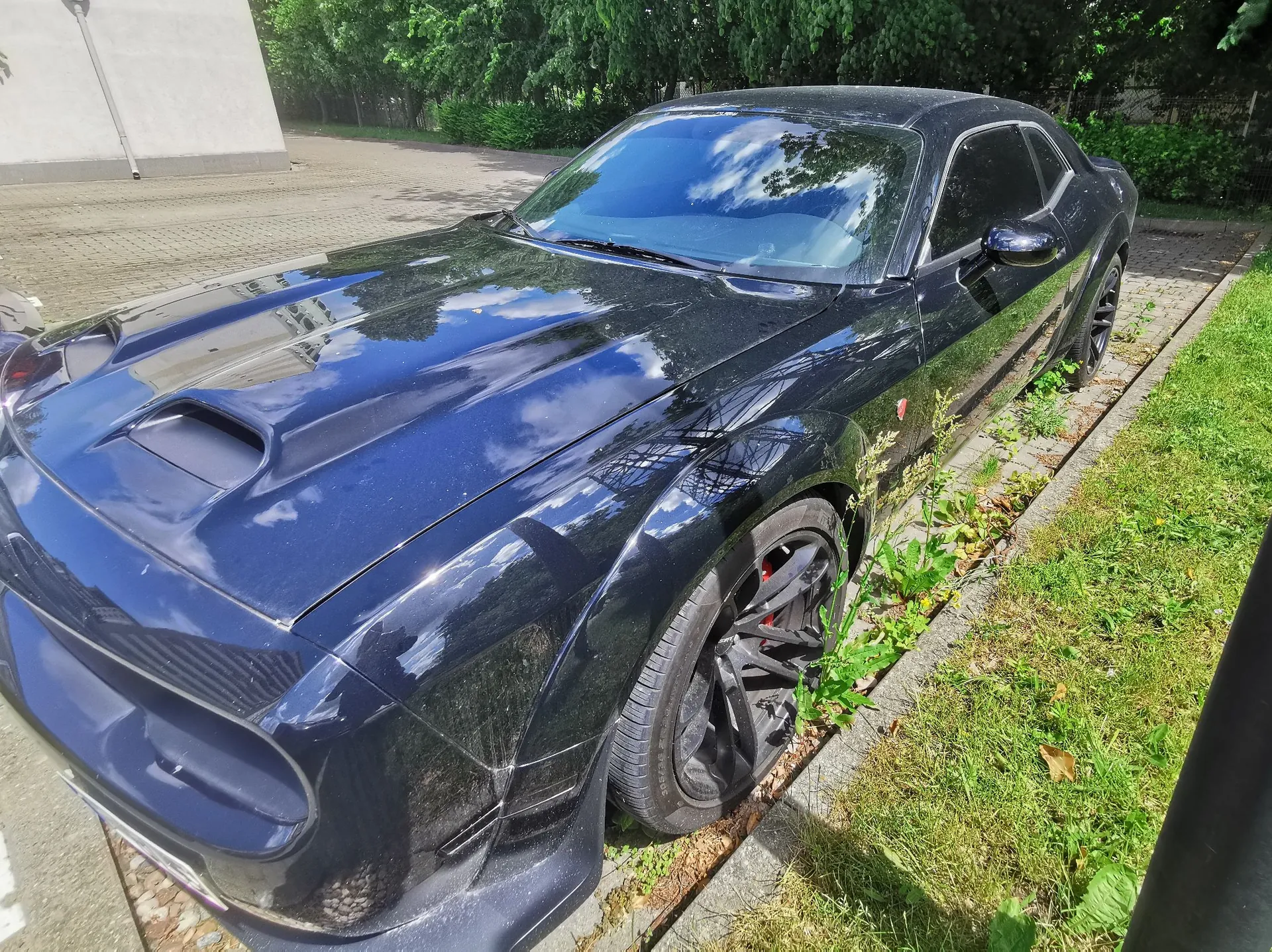 Czarny samochód sportowy typu coupe zaparkowany na krawężniku obok trawnika. Pojazd ma szerokie nadkola, czarne felgi z czerwonymi zaciskami hamulcowymi oraz charakterystyczny wlot powietrza na masce. Na lakierze samochodu odbijają się chmury i niebo.