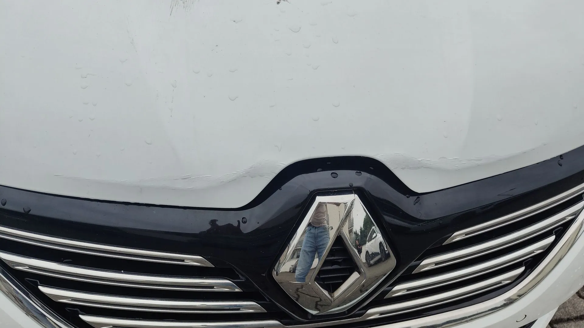 Zbliżenie na przód białego samochodu marki Renault. Widoczny jest czarny grill z chromowanymi poziomymi listwami oraz duże, chromowane logo Renault w centrum. Na krawędzi białej maski, tuż nad grillem, widoczne są wgniecenia i uszkodzenia lakieru.