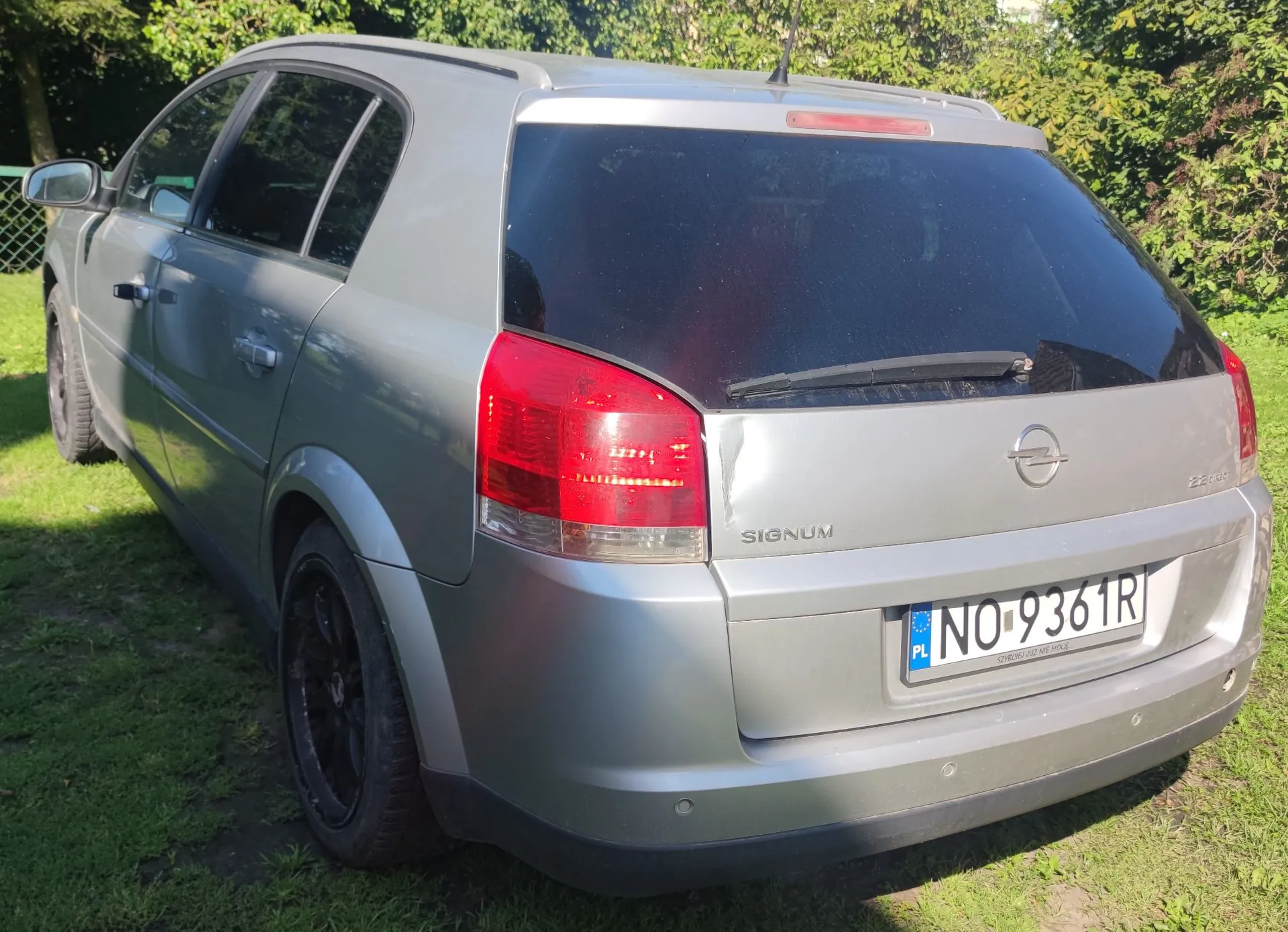 Srebrny samochód marki Opel Signum w nadwoziu kombi, zaparkowany na trawie na tle zielonych krzewów. Widoczny jest tył i lewy bok pojazdu. Samochód ma czarne felgi i polską tablicę rejestracyjną o numerze NO 9361R. Na klapie bagażnika widnieją napisy 'SIGNUM' oraz logo marki Opel.