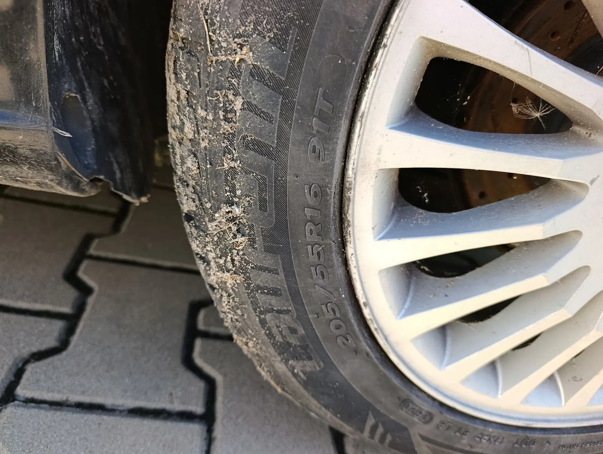 Zbliżenie na oponę samochodową i srebrną felgę aluminiową z wieloma szprychami. Opona jest zabrudzona piaskiem i błotem. Na boku opony widoczny jest napis: 205/55R16 91T. Koło stoi na szarej kostce brukowej.