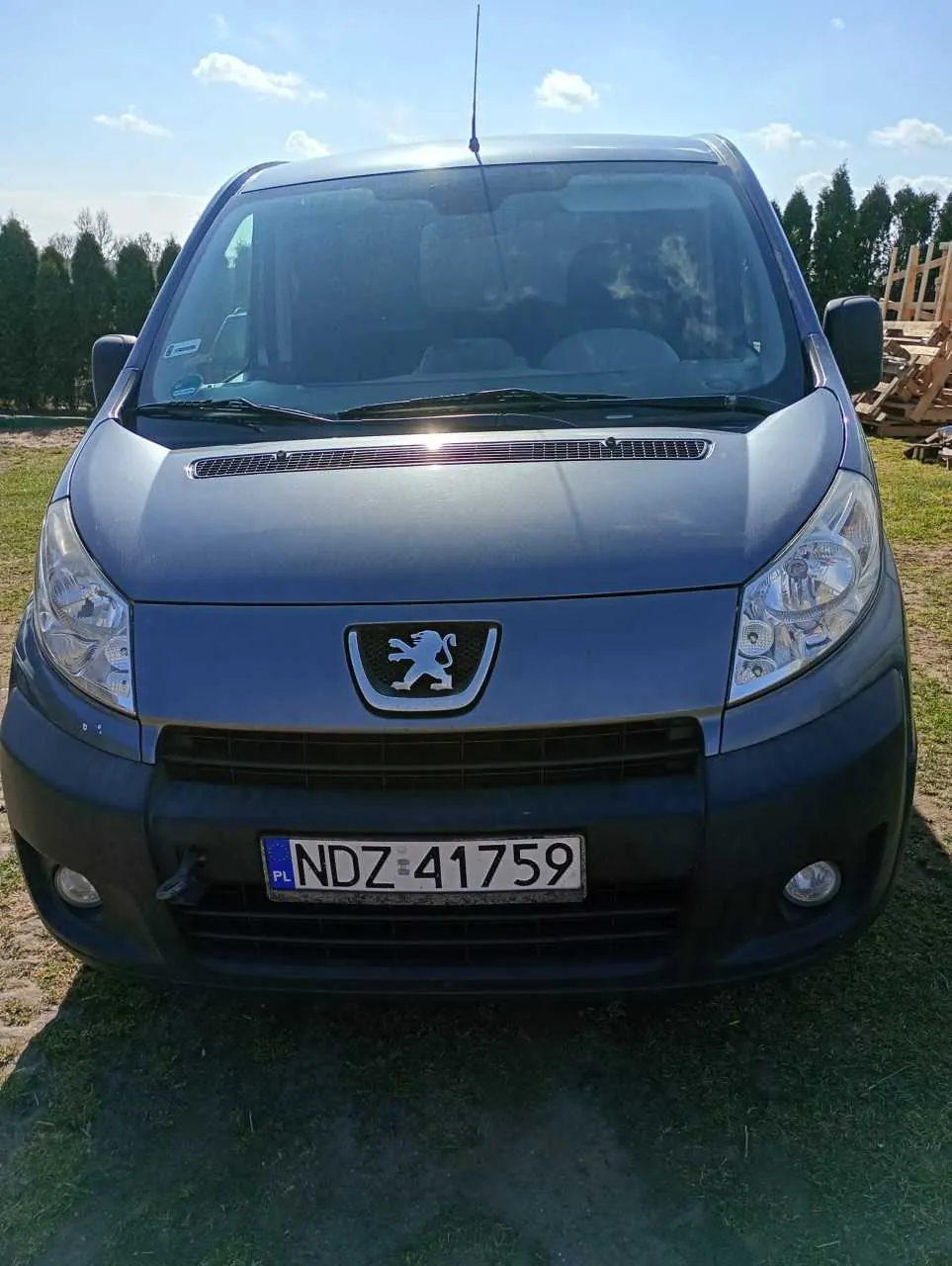 Przednia część niebieskiego samochodu dostawczego marki Peugeot z widocznym logo lwa na masce. Tablica rejestracyjna z napisem 'NDZ 41759' oraz oznaczeniem 'PL' po lewej stronie. Tło: trawa, drzewa, niebo z chmurami oraz stosy drewnianych palet po prawej stronie. Samochód stoi na trawiastym terenie.