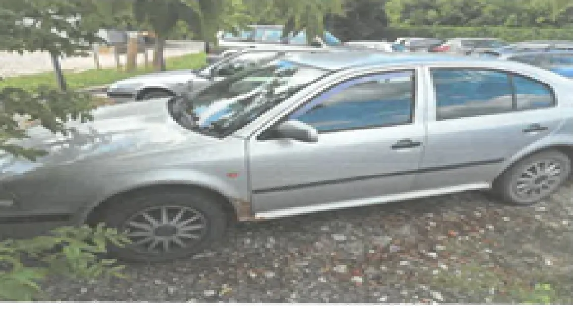 Srebrny samochód osobowy typu hatchback zaparkowany bokiem na żwirowym podłożu. W tle widoczne są inne zaparkowane pojazdy oraz zieleń w postaci drzew i krzewów.