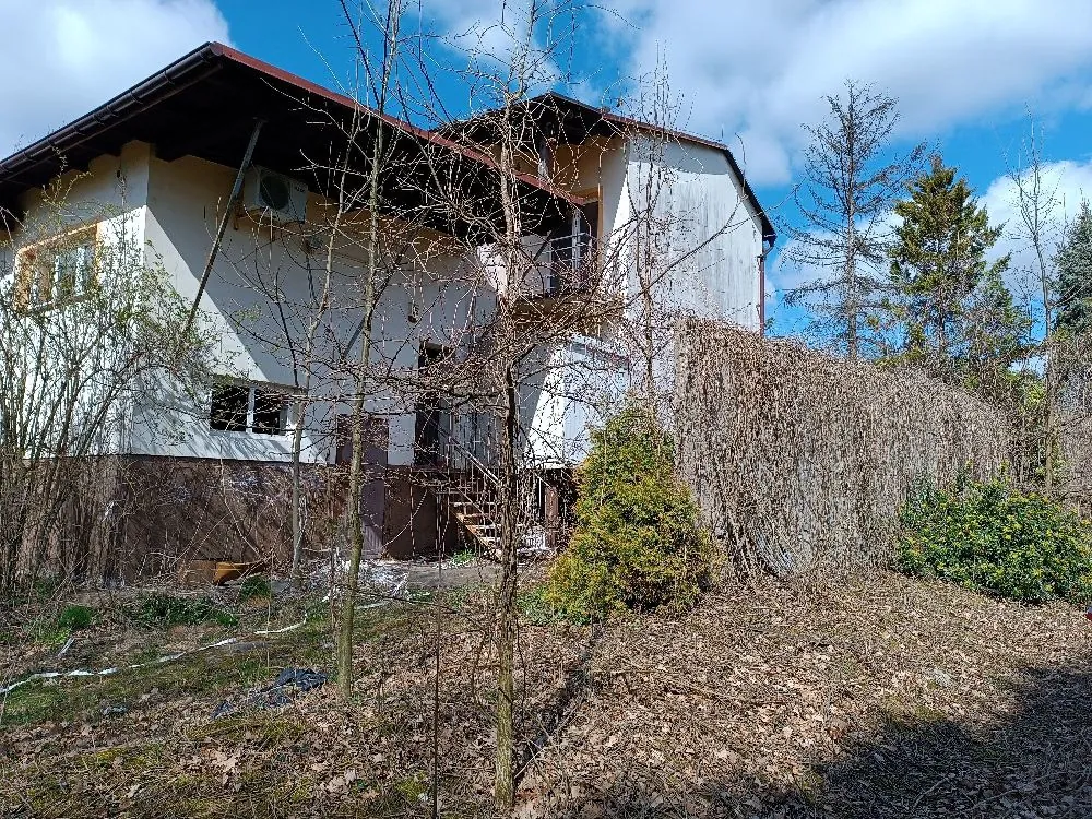 Zdjęcie przedstawiające dwukondygnacyjny budynek mieszkalny z jasnymi ścianami i ciemnym dachem. Na elewacji widoczne są okna oraz jednostka zewnętrzna klimatyzatora. Przed domem znajduje się nieuporządkowany teren z suchymi liśćmi, młodymi drzewami bez liści, niskim krzewem iglastym oraz wysokim, gęstym żywopłotem z suchych gałęzi. W tle widoczne są wysokie drzewa iglaste i niebieskie niebo z białymi chmurami.