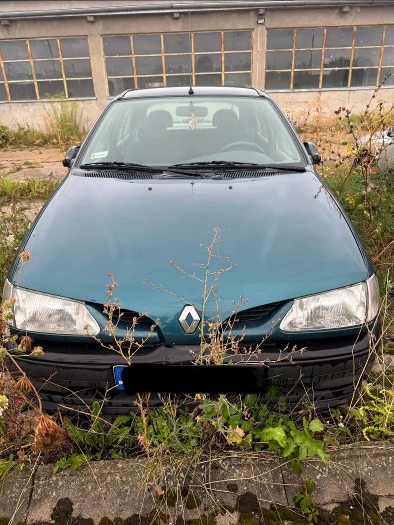 Widok z przodu na ciemnozielony samochód marki Renault zaparkowany na trawiastym terenie przed budynkiem z dużymi oknami. Przed samochodem rosną wysokie, suche chwasty, a tablica rejestracyjna jest zakryta czarnym paskiem.