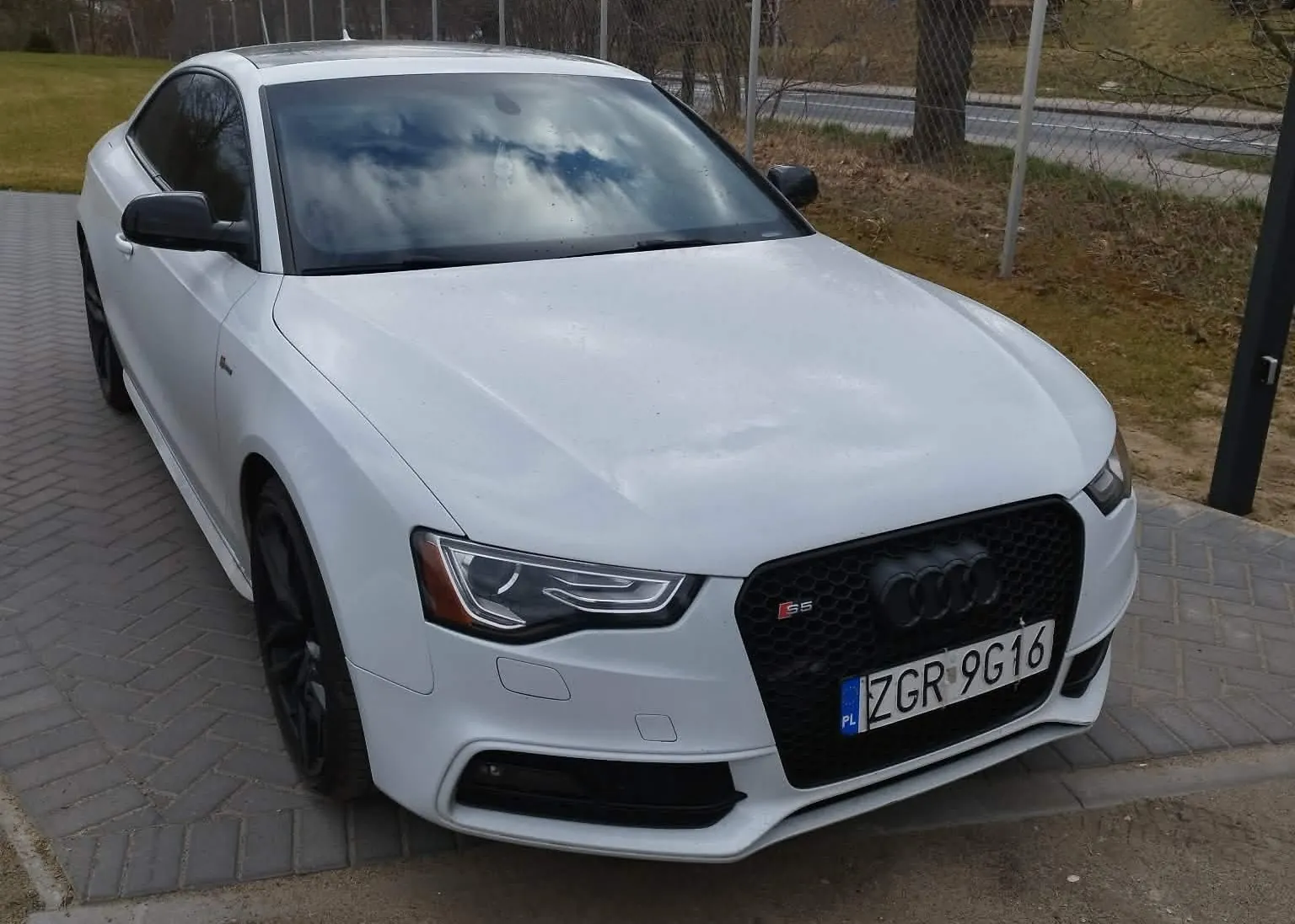 Biały samochód marki Audi S5 zaparkowany na kostce brukowej. Pojazd jest ustawiony pod kątem, widoczny jest przód auta z czarnym grillem, logo Audi oraz oznaczeniem S5. Samochód posiada polską tablicę rejestracyjną o numerze ZGR 9G16. W tle widoczny jest metalowy płot oraz drzewa.
