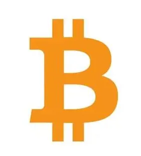 Pomarańczowy symbol Bitcoina na białym tle.