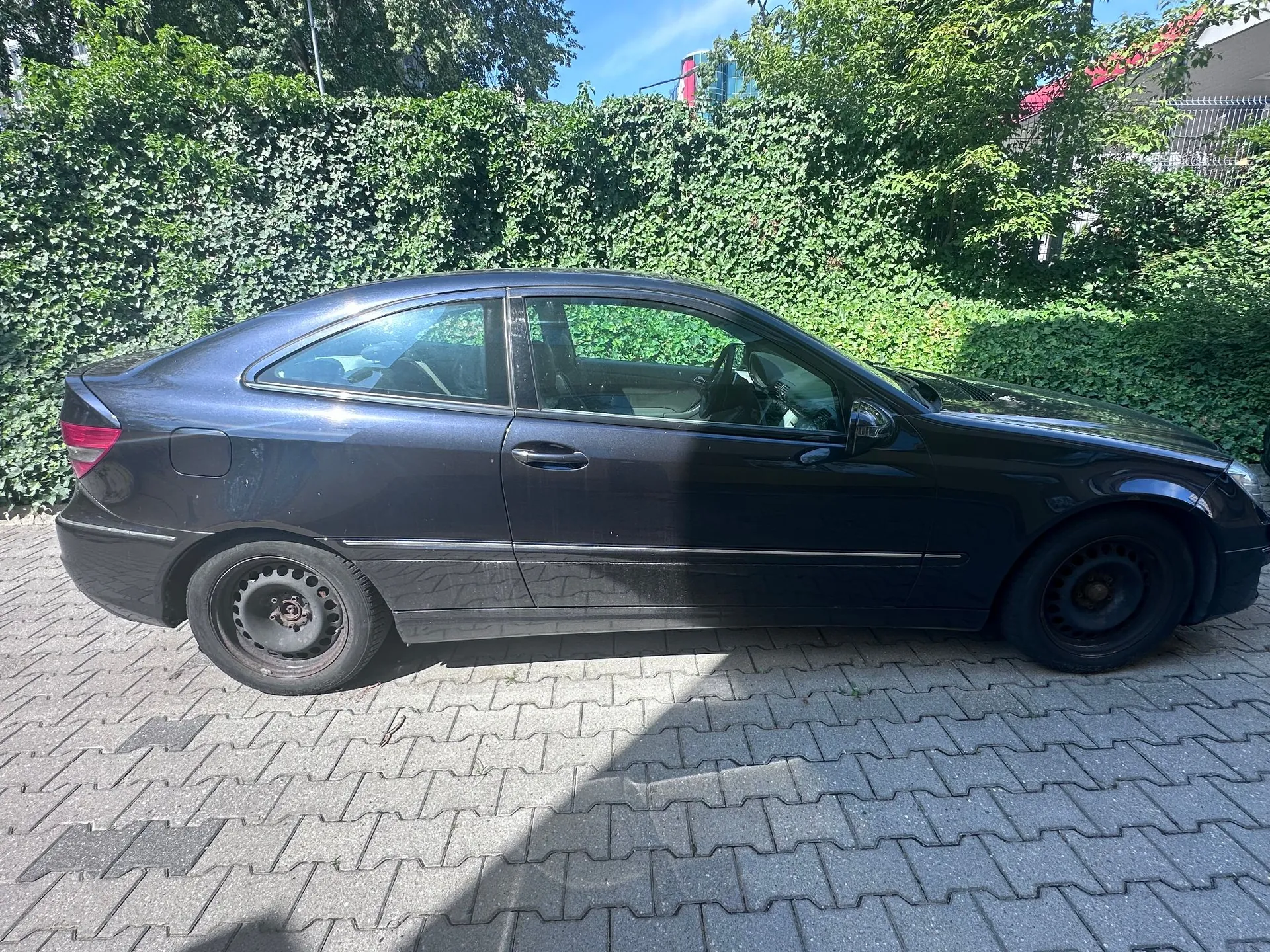 Profil ciemnogranatowego samochodu osobowego typu coupe zaparkowanego na kostce brukowej. W tle znajduje się gęsta, zielona ściana z roślinności oraz fragmenty drzew i nieba.
