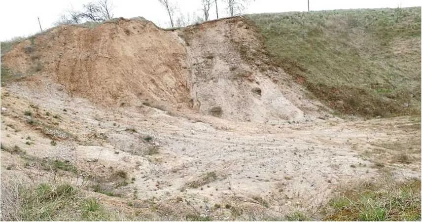 Zdjęcie przedstawiające odsłonięcie geologiczne w formie zbocza wzgórza. Widoczna jest stroma ściana z jasnobrązowej i beżowej ziemi oraz skał, z której materiał osypał się na dół, tworząc piaszczyste i żwirowe rumowisko u podnóża. Górna część zbocza jest pokryta rzadką, zielono-brązową trawą. W tle widać kilka bezlistnych drzew na linii horyzontu.