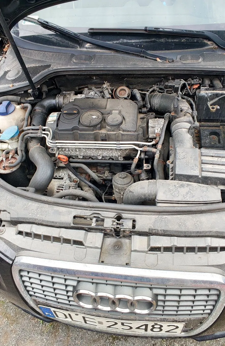Widok z góry na komorę silnika samochodu marki Audi. Widoczny jest silnik z czarną pokrywą, rury doprowadzające powietrze, przewody i inne elementy mechaniczne. W dolnej części zdjęcia znajduje się przedni grill z logo Audi oraz tablica rejestracyjna o numerze DLE 25482.