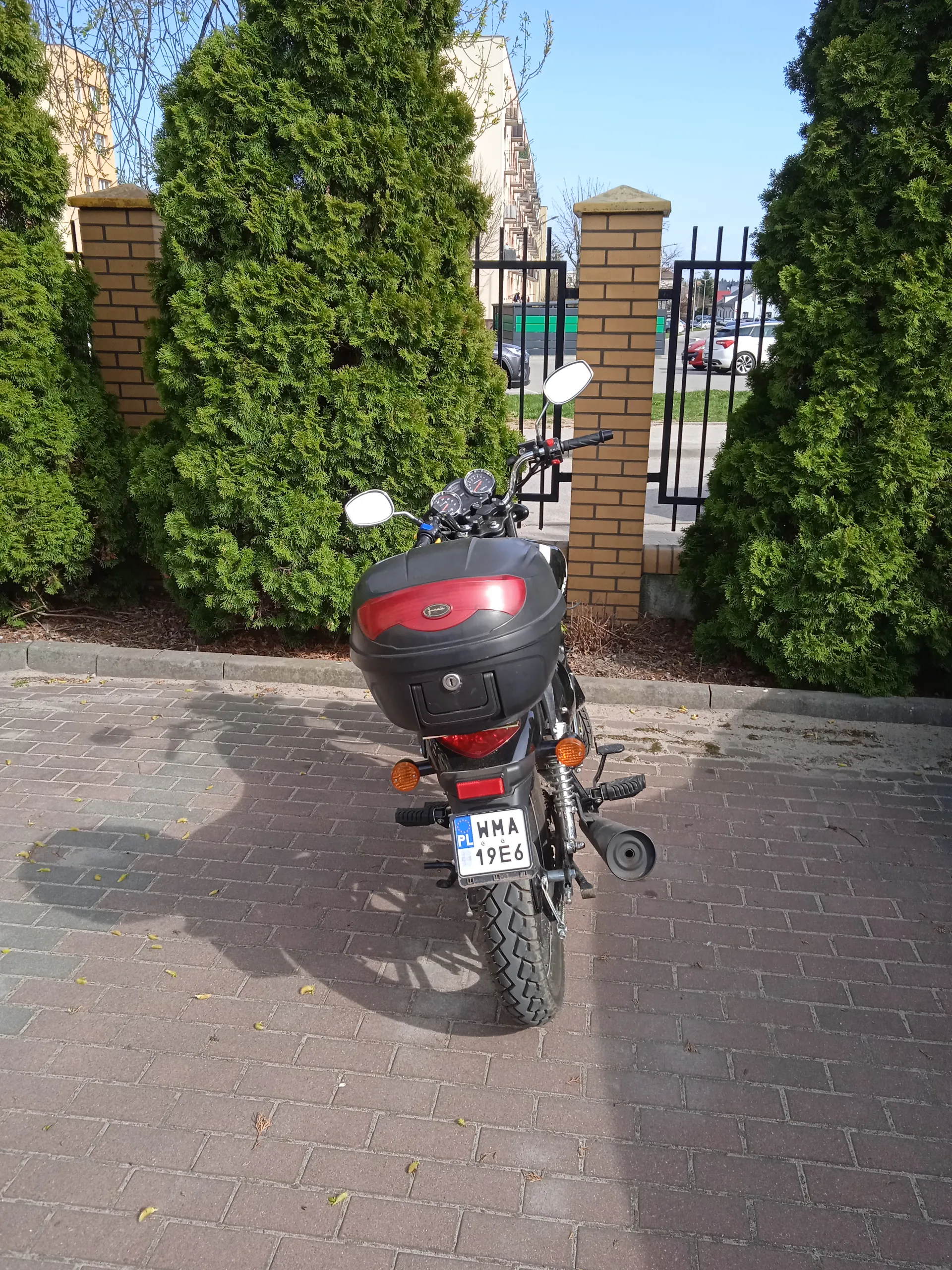 Czarny motocykl z czerwonym akcentem na bagażniku, widziany od tyłu, z tablicą rejestracyjną PL WMA 19E6. Motocykl stoi na brukowanej powierzchni przed czarną metalową bramą z ceglanymi filarami. Po obu stronach bramy rosną wysokie zielone krzewy. W tle widoczne są budynki mieszkalne, samochody i jasne niebo.