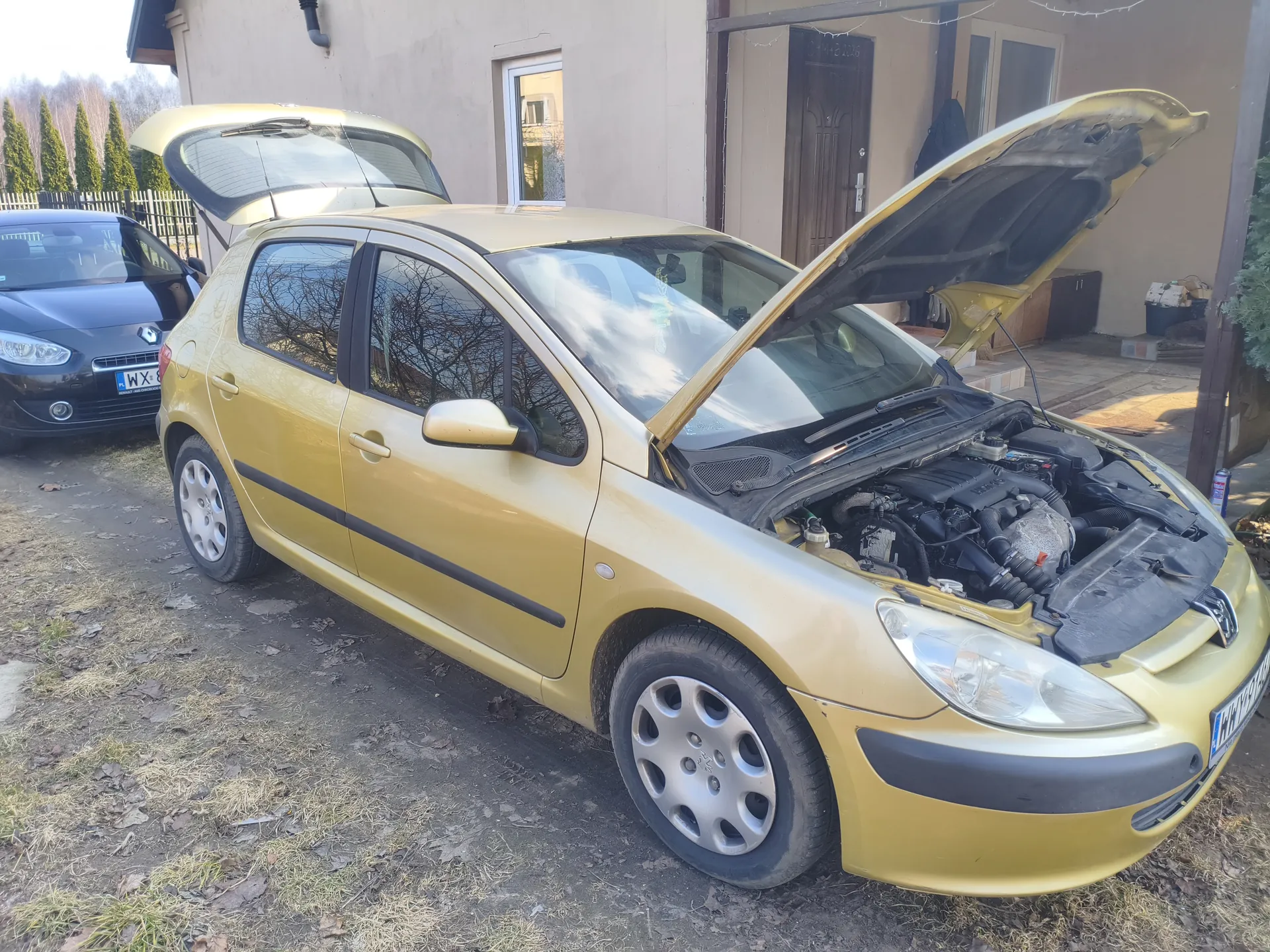 Złoty samochód osobowy z otwartą klapą silnika, zaparkowany przed domem. W tle czarny samochód, budynek z brązowymi drzwiami i oknami, drzewa oraz podwórze z suchą trawą i liśćmi.