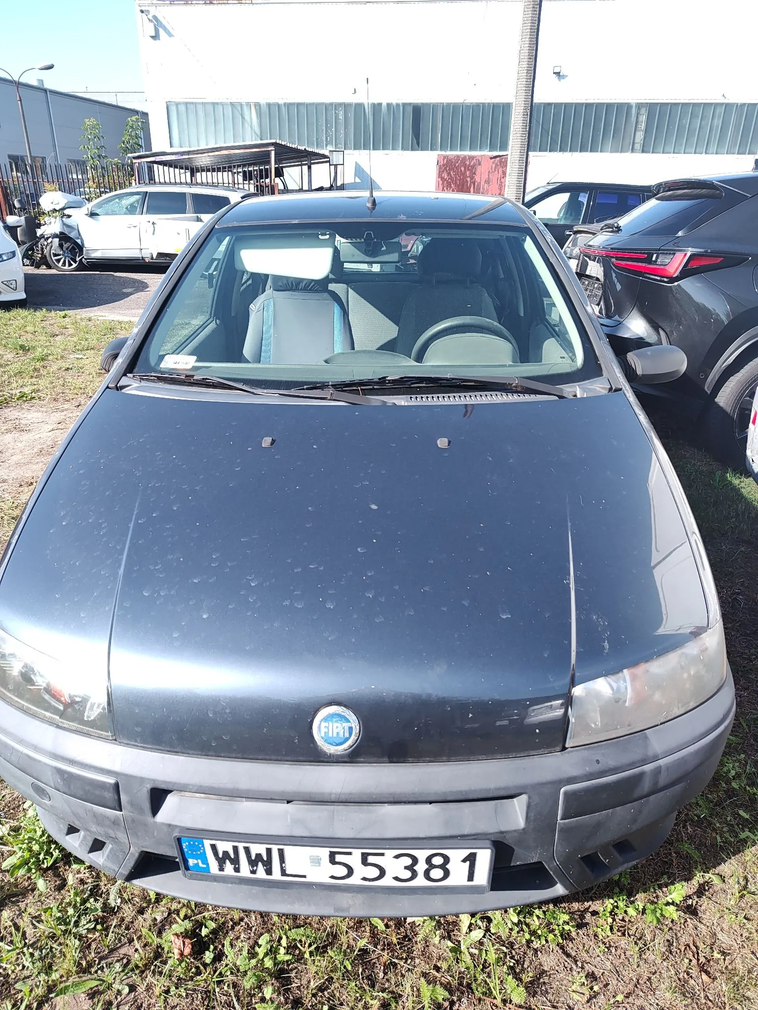 Czarny samochód marki Fiat zaparkowany na trawiastym terenie. Widoczny jest przód pojazdu z logo FIAT na masce oraz tablicą rejestracyjną o numerze WWL 55381. W tle znajdują się inne zaparkowane samochody oraz biały budynek przemysłowy.