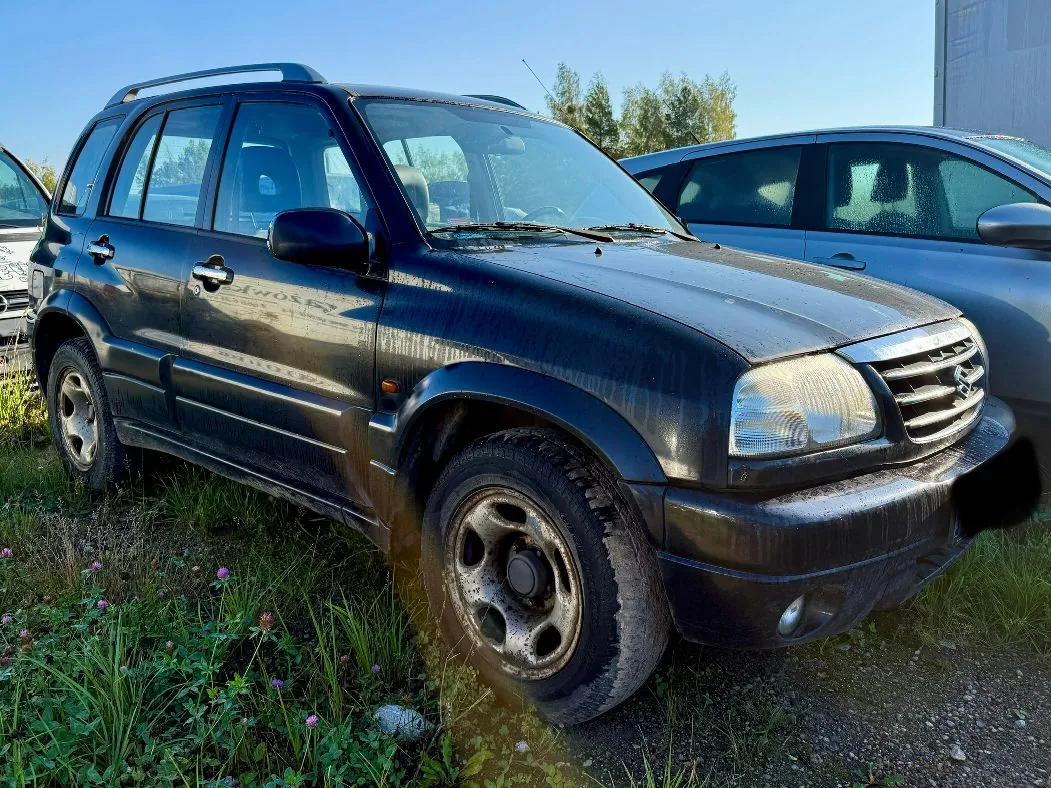 Czarny samochód typu SUV marki Suzuki, zaparkowany na trawiastym terenie. Pojazd jest zakurzony i widać na nim krople wody. W tle widoczny jest fragment innego, srebrnego samochodu oraz zielone drzewa pod jasnym niebem.