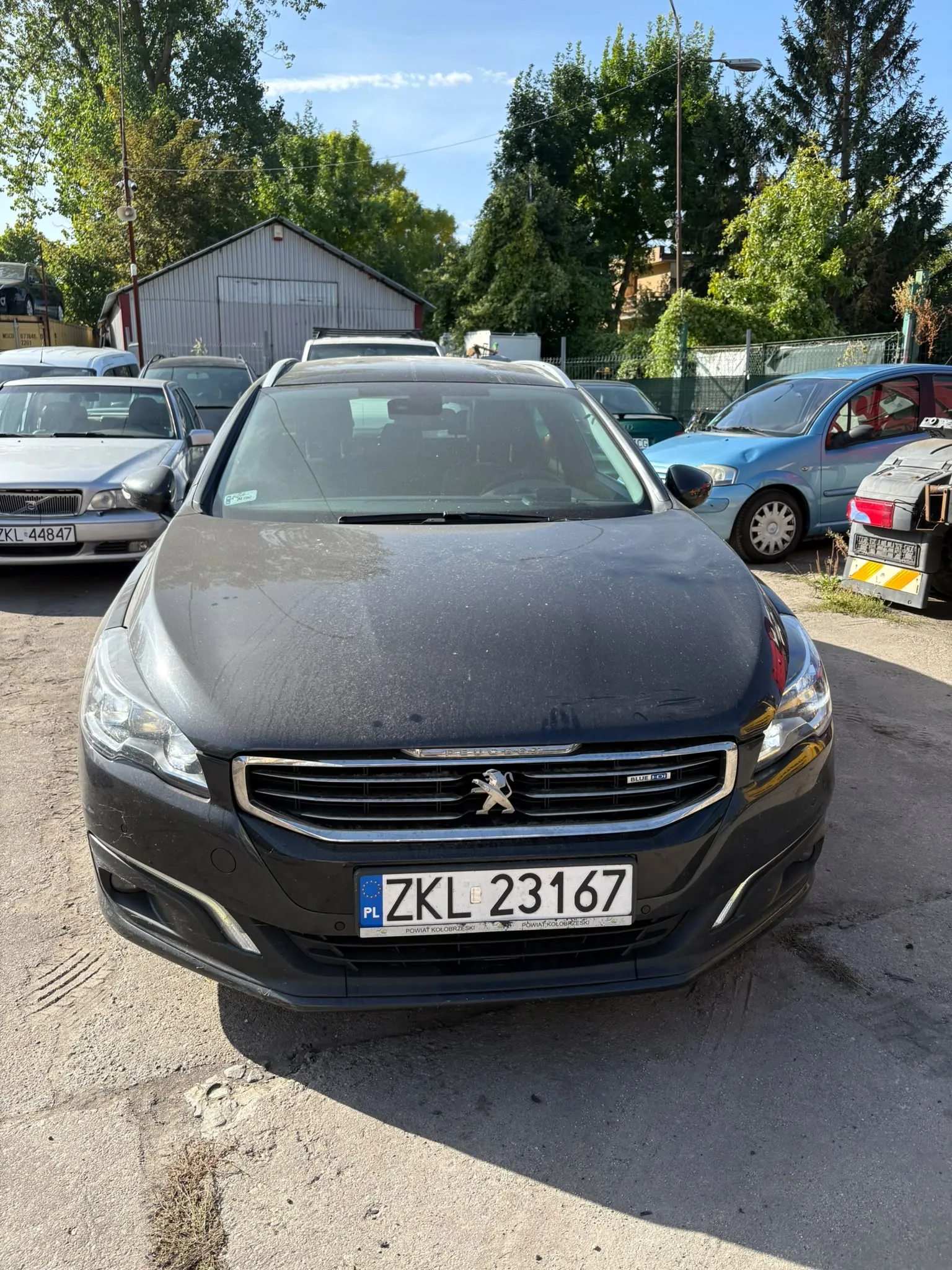 Zdjęcie przedstawiające przód czarnego samochodu marki Peugeot z polską tablicą rejestracyjną ZKL 23167. Samochód stoi na utwardzonym placu. W tle widoczne są inne zaparkowane pojazdy, w tym srebrny samochód po lewej z tablicą KL 44847 oraz niebieski samochód po prawej. W oddali znajduje się szary budynek gospodarczy oraz zielone drzewa pod jasnym niebem.