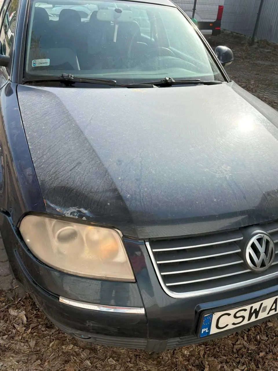 Czarny samochód marki Volkswagen z przodu, z widocznym logo na atrapie chłodnicy. Na masce znajdują się zadrapania. Tablica rejestracyjna z napisem "PL CSW A" oraz niebieskim pasem z flagą UE po lewej stronie. W tle widoczne są liście na ziemi, ogrodzenie i fragment innego pojazdu. Na przedniej szybie naklejka z niewyraźnym napisem.