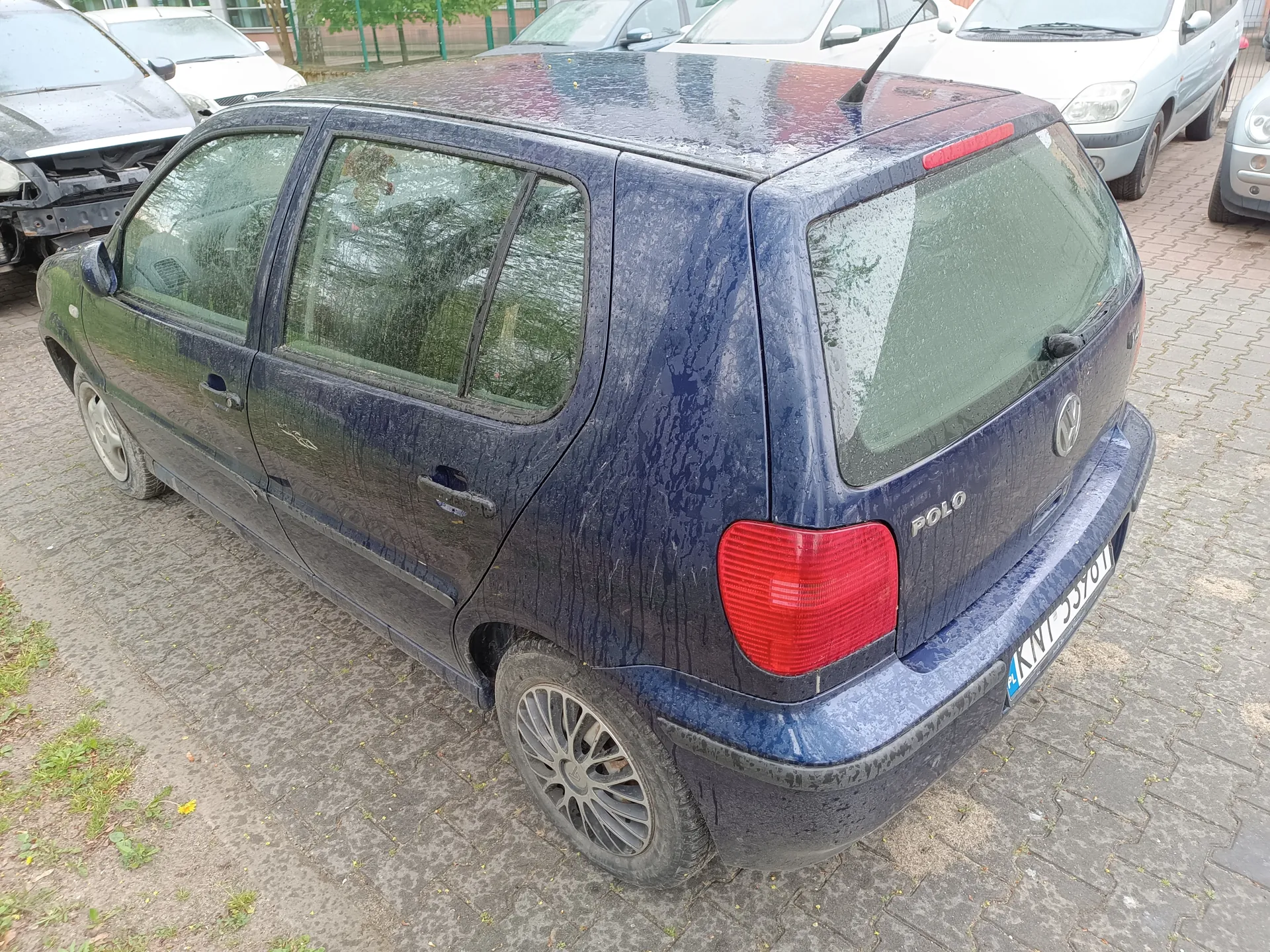 Tylne widok ciemnoniebieskiego samochodu Volkswagen Polo z widocznym napisem 'POLO' na bagażniku, czerwonymi światłami tylnymi oraz tablicą rejestracyjną 'KNT 590H'. Samochód jest zabrudzony, z widocznymi śladami wody. W tle inne zaparkowane pojazdy, w tym uszkodzony biały samochód po lewej stronie. Podłoga wyłożona kostką brukową, z fragmentem trawnika po lewej.