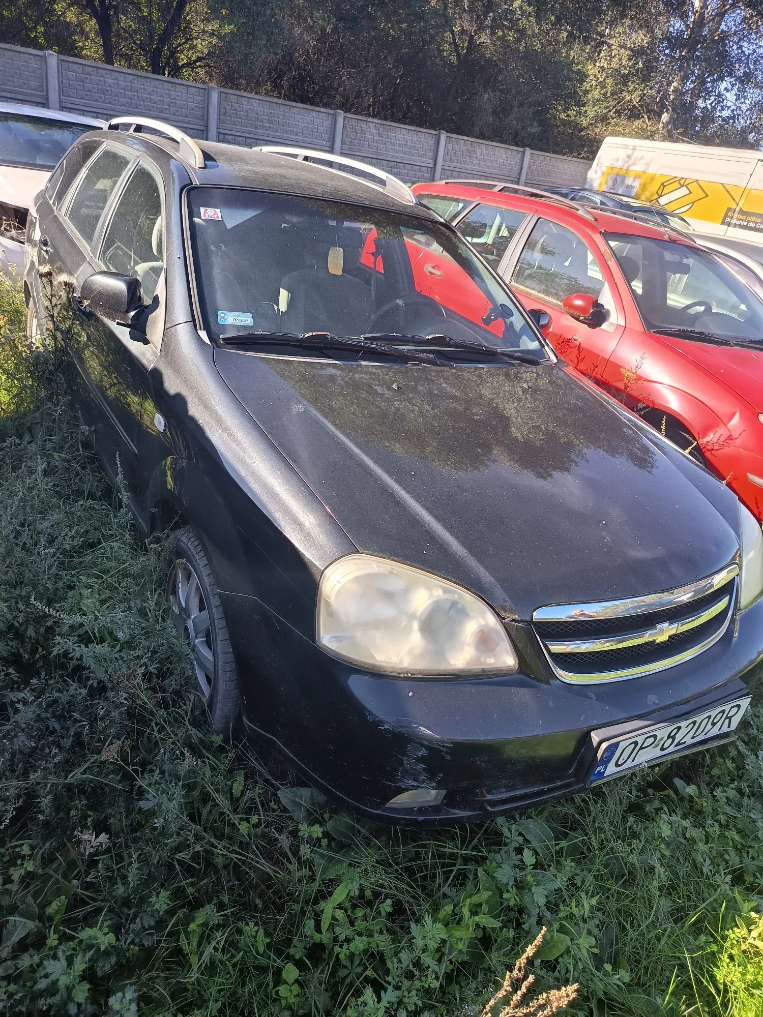 Czarny samochód osobowy typu kombi zaparkowany na trawie. Pojazd jest zakurzony, ma zmatowione reflektory i widoczne uszkodzenia na przednim zderzaku. Na zderzaku znajduje się tablica rejestracyjna o numerze OP 8209R. Obok stoi czerwony samochód osobowy, a w tle widać betonowy mur i drzewa.
