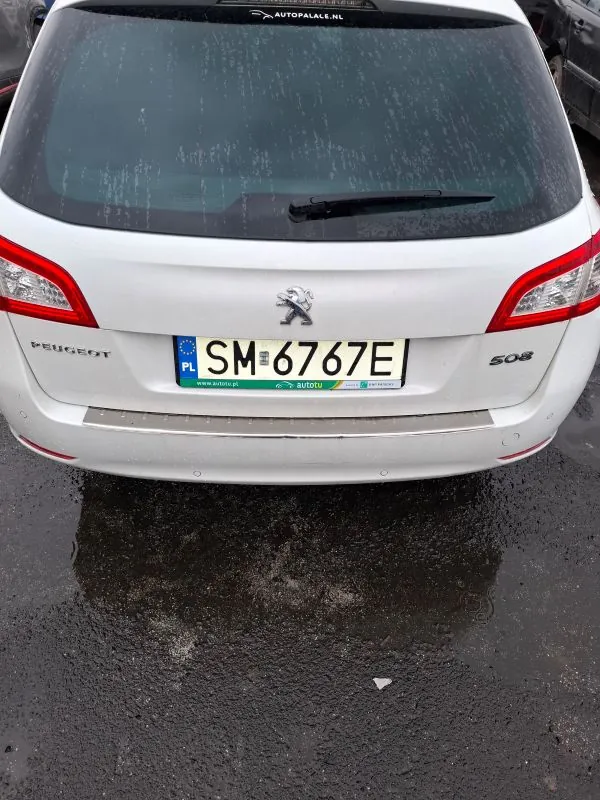 Tył białego samochodu Peugeot 508 z widoczną tablicą rejestracyjną SM 6767E, na której znajduje się niebieski pas z napisem PL oraz zielony pas z częściowo czytelnym tekstem. Na bagażniku widoczny jest logo Peugeot oraz oznaczenie modelu 508. Tylne szyby pokryte są kroplami wody, a podłoga jest mokra. W tle fragment innego pojazdu. Na górnej krawędzi szyby widnieje napis AUTOPALACE.NL.