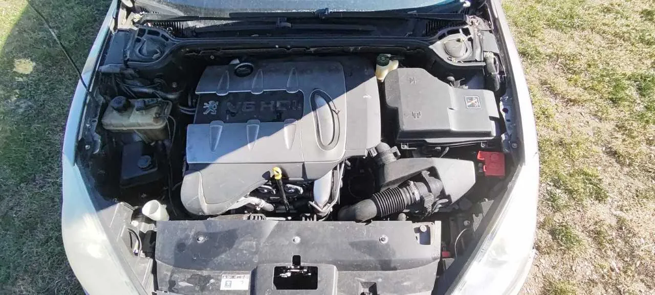 Widok z góry na otwarty maskę samochodu marki Peugeot z silnikiem V6 HDi. W silniku widoczne są elementy takie jak zbiornik płynu chłodniczego, przewody i czarne osłony. Samochód stoi na trawie, a w tle widać fragment trawnika. Na pokrywie silnika znajduje się logo Peugeota oraz napis V6 HDi.