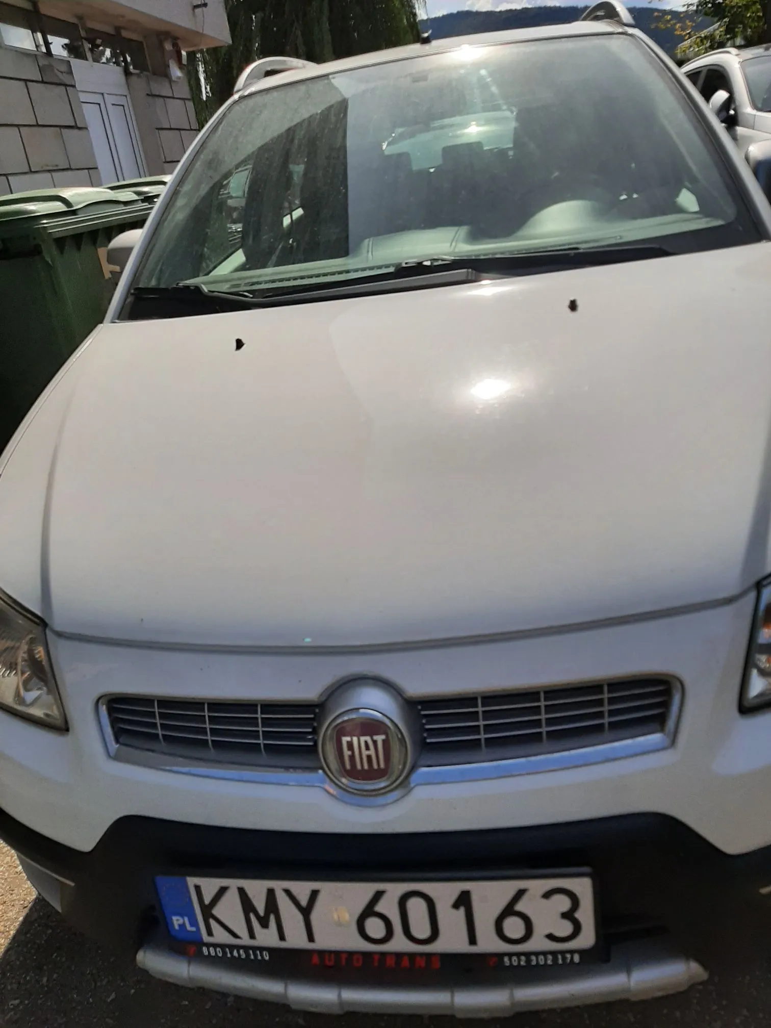 Zdjęcie przodu białego samochodu marki Fiat. Widoczny jest grill z logo FIAT na środku oraz tablica rejestracyjna o numerze KMY 60163 z oznaczeniem PL. Poniżej tablicy znajduje się ramka z napisami 'AUTO TRANS' oraz numerami telefonów '880 145 110' i '502 302 178'. W tle widoczne są zielone pojemniki na odpady oraz fragment budynku.