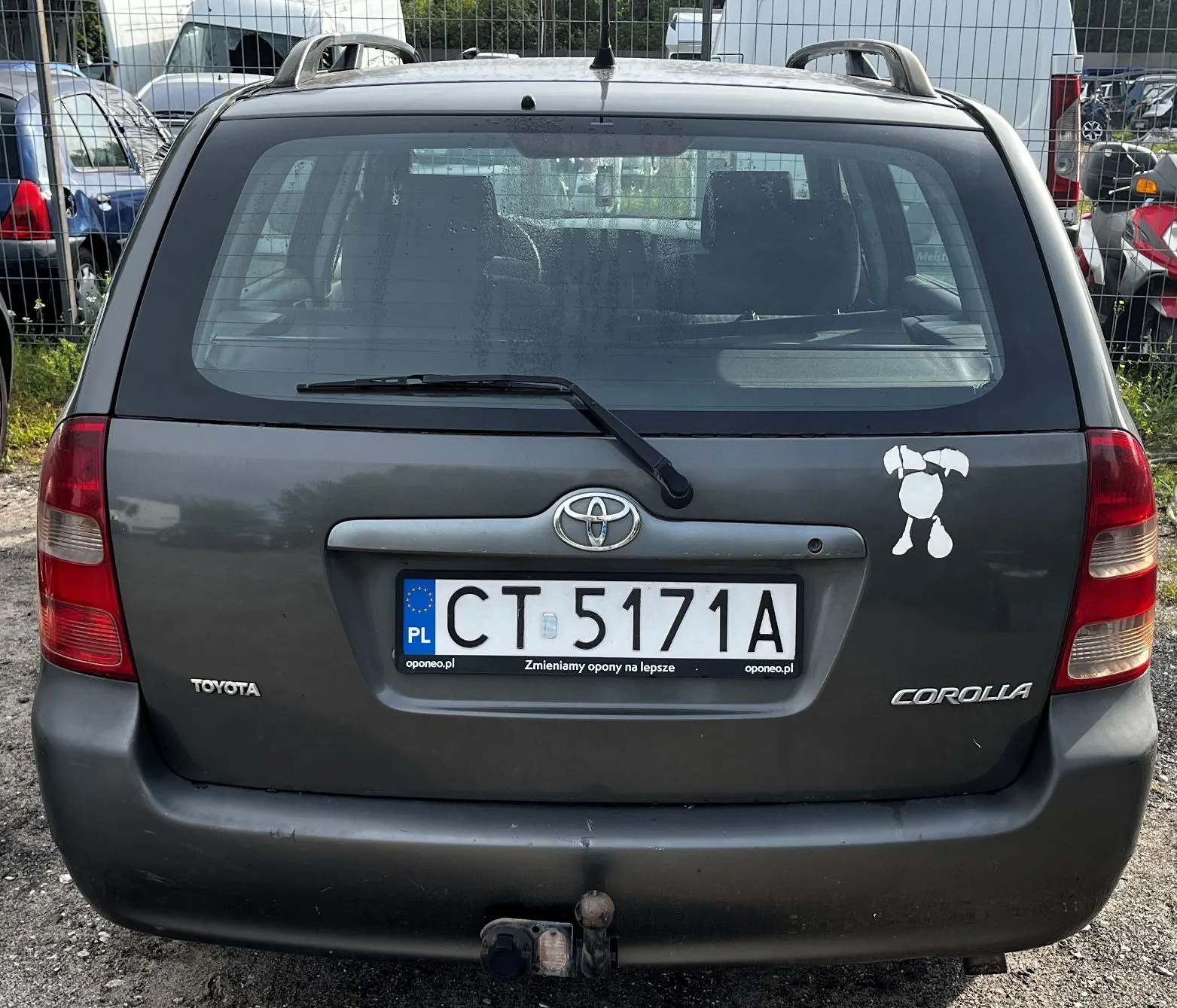 Tylny widok szarego samochodu marki Toyota Corolla. Na klapie bagażnika znajduje się logo Toyoty, polska tablica rejestracyjna o numerze CT 5171A oraz biała naklejka przedstawiająca stylizowaną postać. Poniżej tablicy widnieje napis 'Zmieniamy opony na lepsze' oraz adresy stron internetowych oponeo.pl. Samochód posiada hak holowniczy i relingi dachowe.