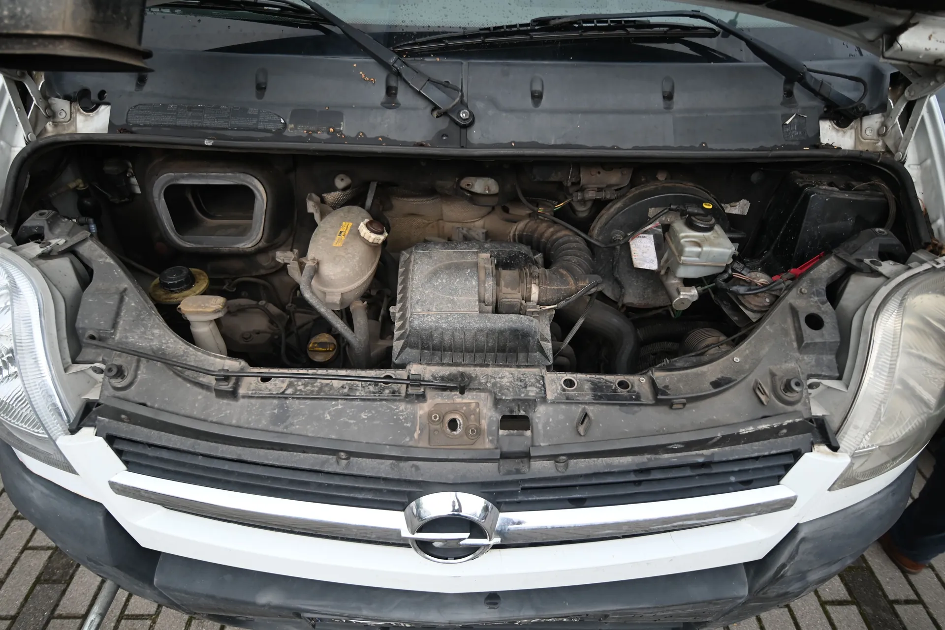 Widok z góry na otwartą komorę silnika białego samochodu marki Opel. Silnik i okoliczne elementy są zakurzone. Widoczne są zbiorniki z płynami eksploatacyjnymi, obudowa filtra powietrza oraz elementy konstrukcyjne nadwozia. Na dole zdjęcia znajduje się biały zderzak z chromowaną listwą i logo Opela w centrum.