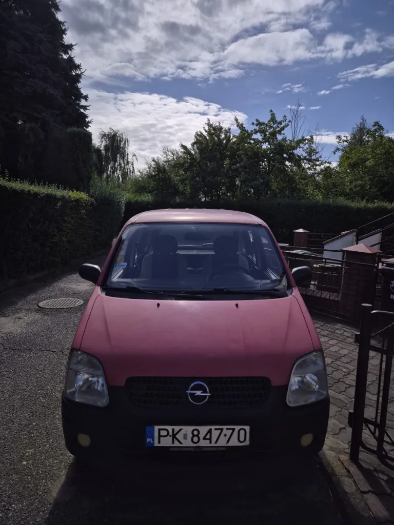 Różowy samochód marki Opel zaparkowany na podjeździe. Widoczny jest przód pojazdu z tablicą rejestracyjną o numerze PK 84770. W tle znajdują się zielone drzewa, krzewy oraz fragment ogrodzenia z ceglanymi słupkami pod zachmurzonym niebem.