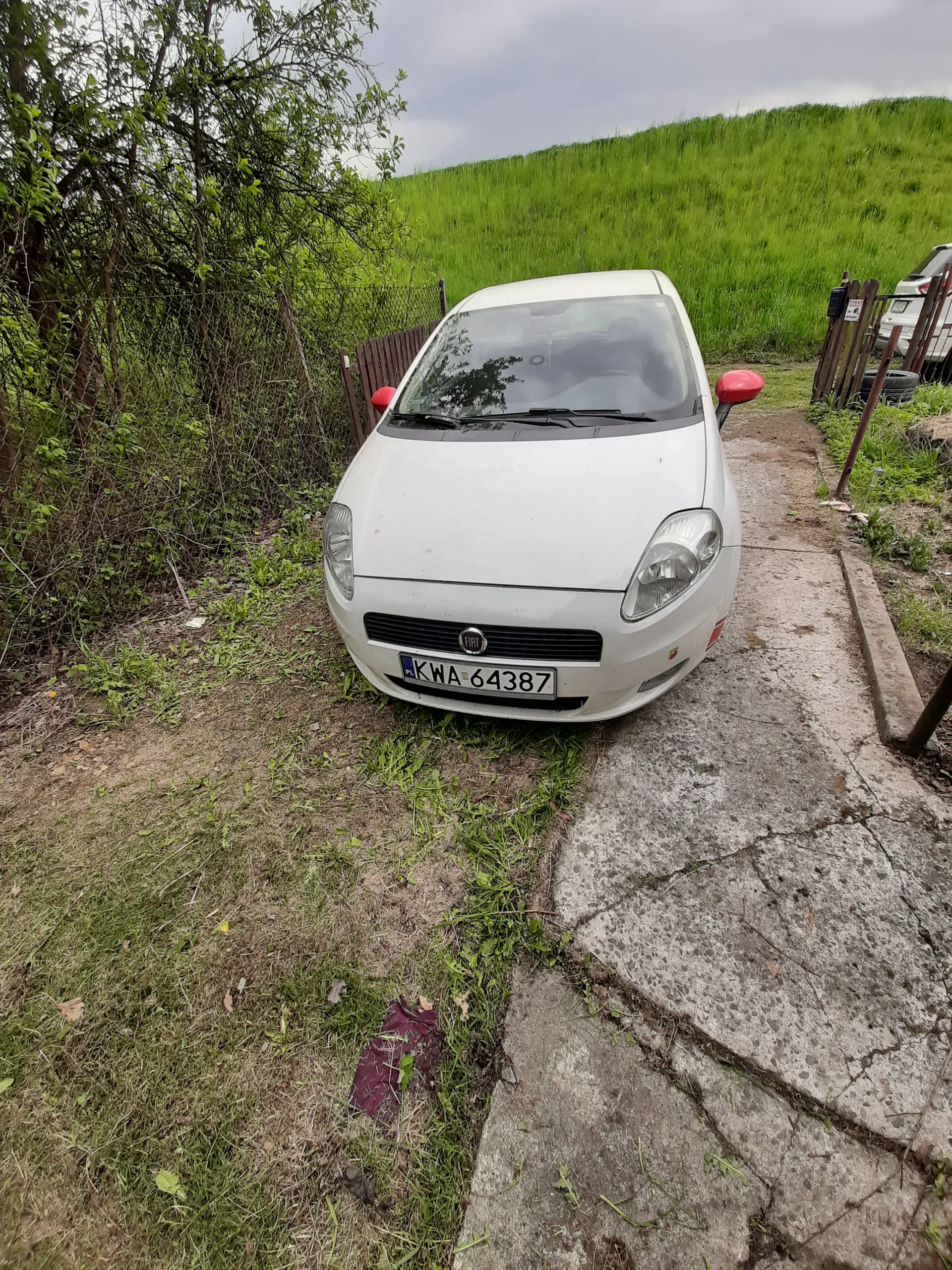 Biały samochód zaparkowany na betonowej nawierzchni i trawie. Tablica rejestracyjna KWA 64387. Czerwone lusterka boczne. W tle zielone pole, ogrodzenie, drzewa i niebo z chmurami. W oddali widoczny inny pojazd.
