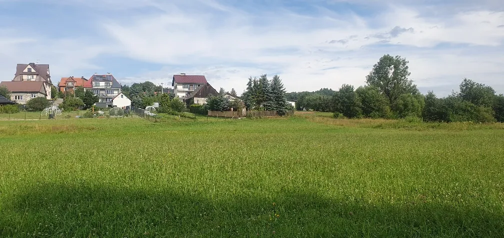 Szeroki krajobraz z dużym zielonym polem trawiastym na pierwszym planie. W tle widoczne są domy mieszkalne o różnych kolorach dachów (brązowych i czerwonych), otoczone drzewami i krzewami. Niebo jest błękitne z rozproszonymi chmurami. Linia horyzontu jest pozioma, a wszystkie elementy (domy, drzewa) są prawidłowo ustawione pionowo.