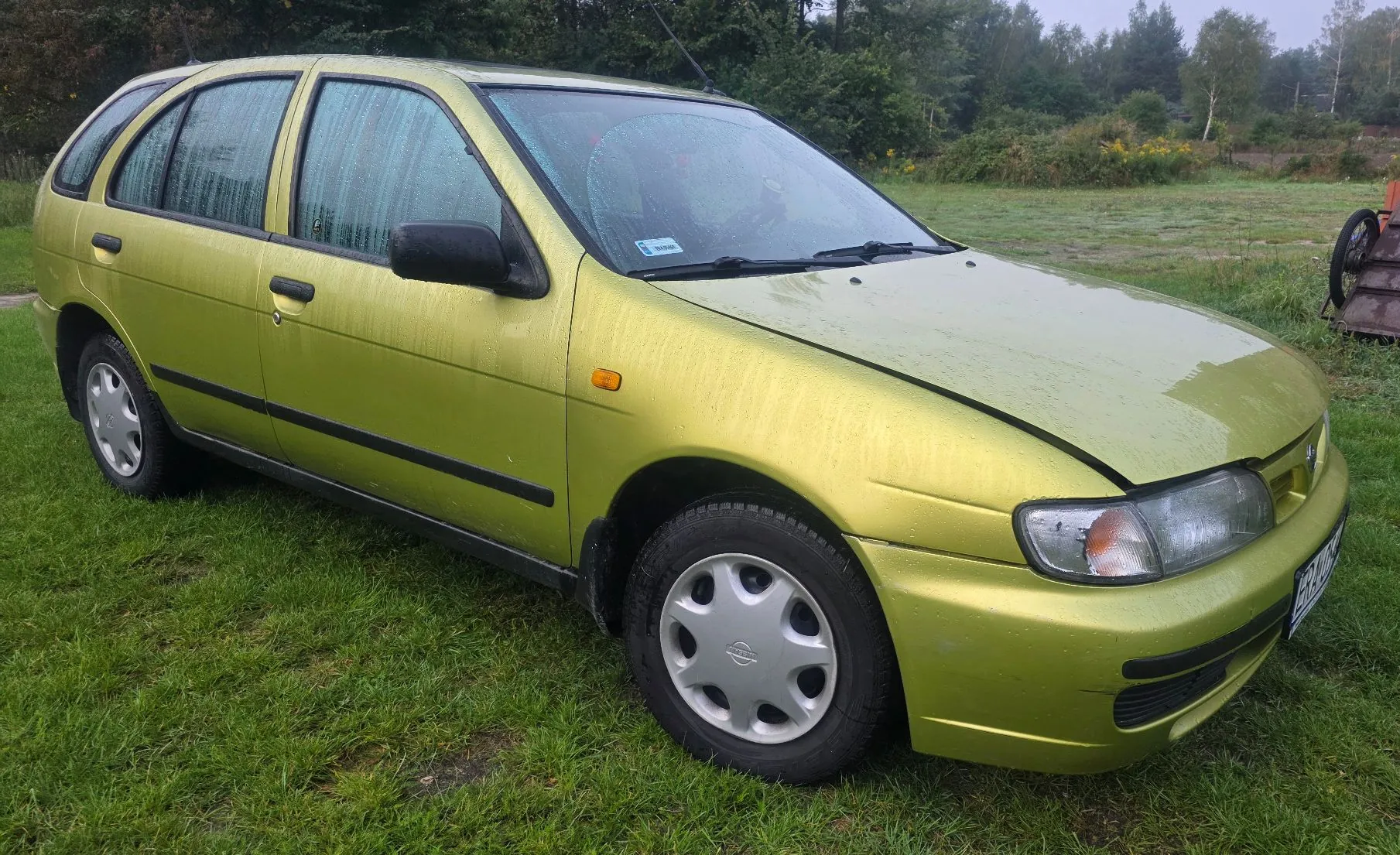 Jasnozielony samochód osobowy typu hatchback zaparkowany na trawiastym terenie. Pojazd jest mokry od deszczu, widoczne są krople wody na karoserii i szybach. W tle znajduje się zielona łąka oraz pas drzew.
