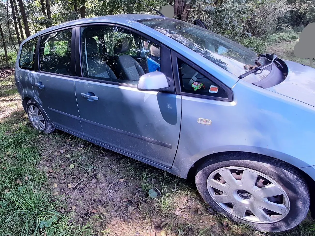 Niebieski samochód typu minivan zaparkowany na trawiastym terenie w otoczeniu drzew. Widoczny jest bok pojazdu, przednie i tylne koło z felgami aluminiowymi oraz lusterko boczne.