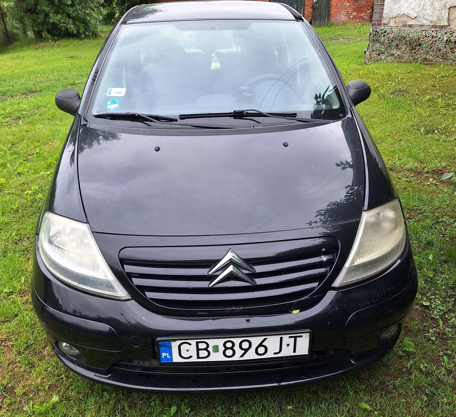 Widok z przodu czarnego samochodu marki Citroën zaparkowanego na trawie. Na masce widoczne jest logo marki, a poniżej znajduje się polska tablica rejestracyjna o numerze CB 896JT.