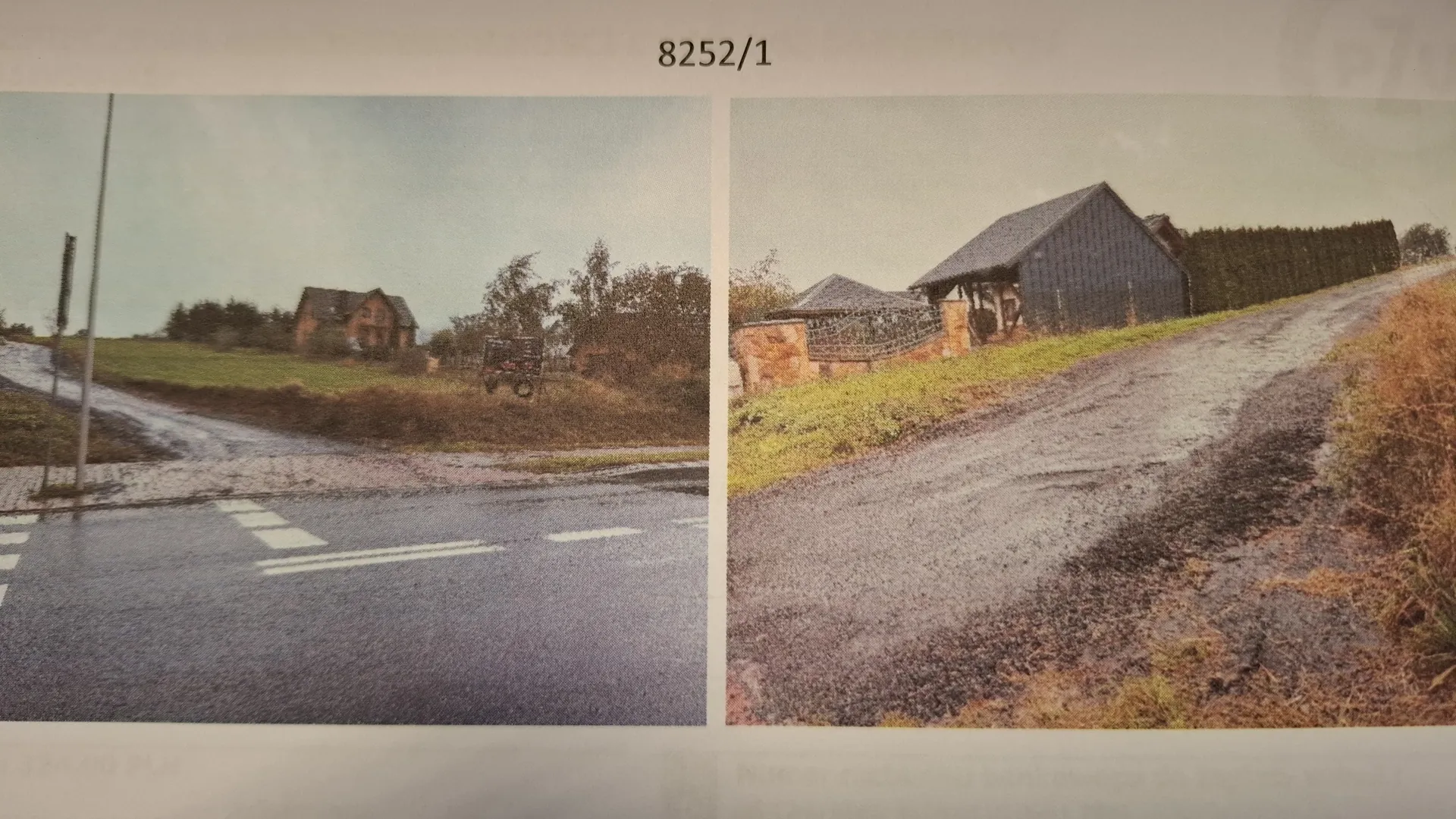 Dwa zdjęcia obok siebie. Po lewej: asfaltowa droga z białymi znakami drogowymi, dom w tle, drzewa i słup. Po prawej: żwirowa droga prowadząca pod górę, ciemny budynek gospodarczy, ceglana brama z siatką i zarośla. W górnej części obrazu widoczny tekst 8252/1.