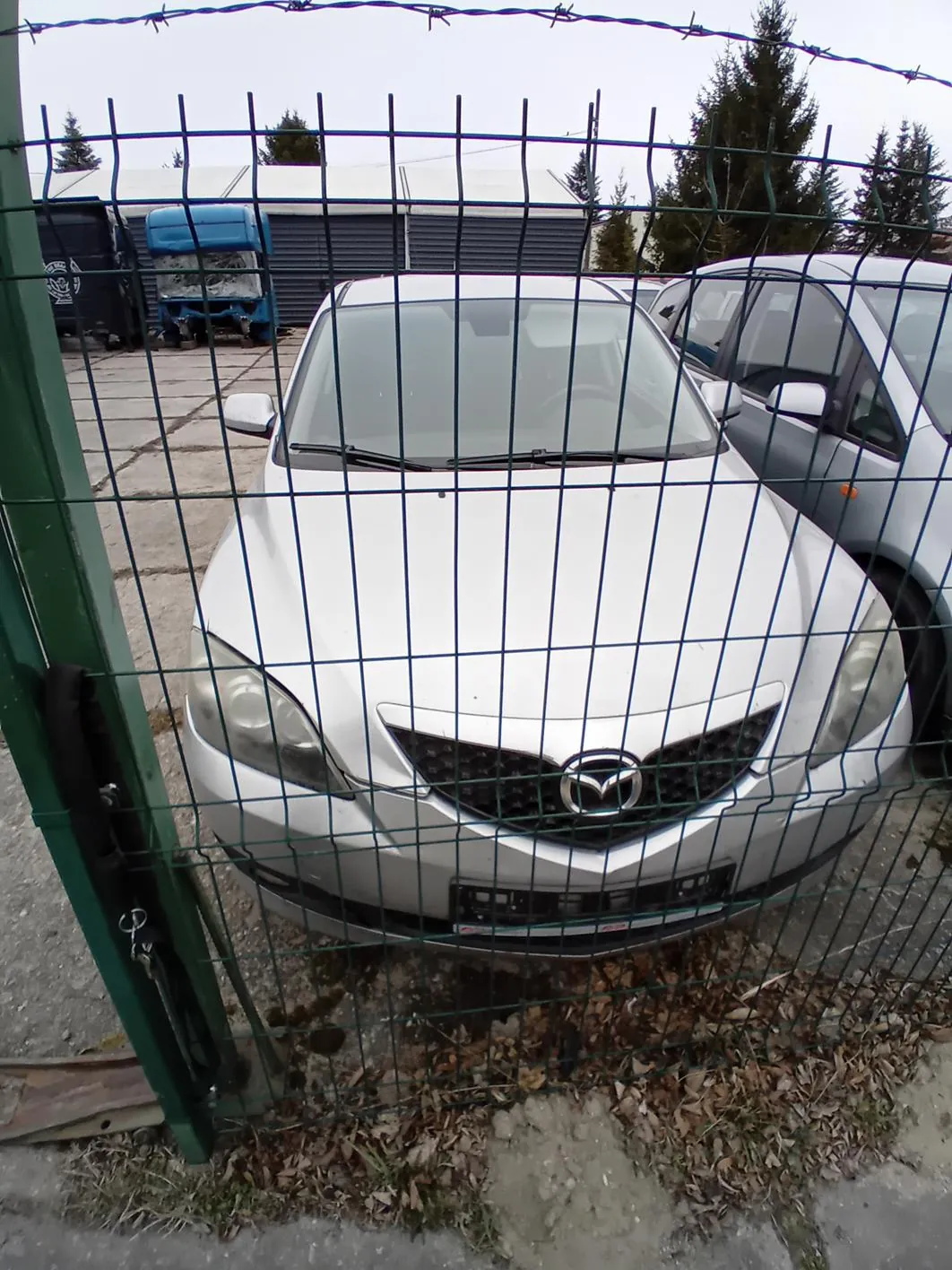 Biały samochód marki Mazda za zielonym metalowym ogrodzeniem z siatką. W tle widoczne są inne pojazdy, w tym niebieski ciężarówka i srebrny samochód, przemysłowe budynki z zamkniętymi bramami oraz drzewa. Na górze ogrodzenia znajduje się drut kolczasty. Podłoga pokryta suchymi liśćmi i betonowymi płytami.