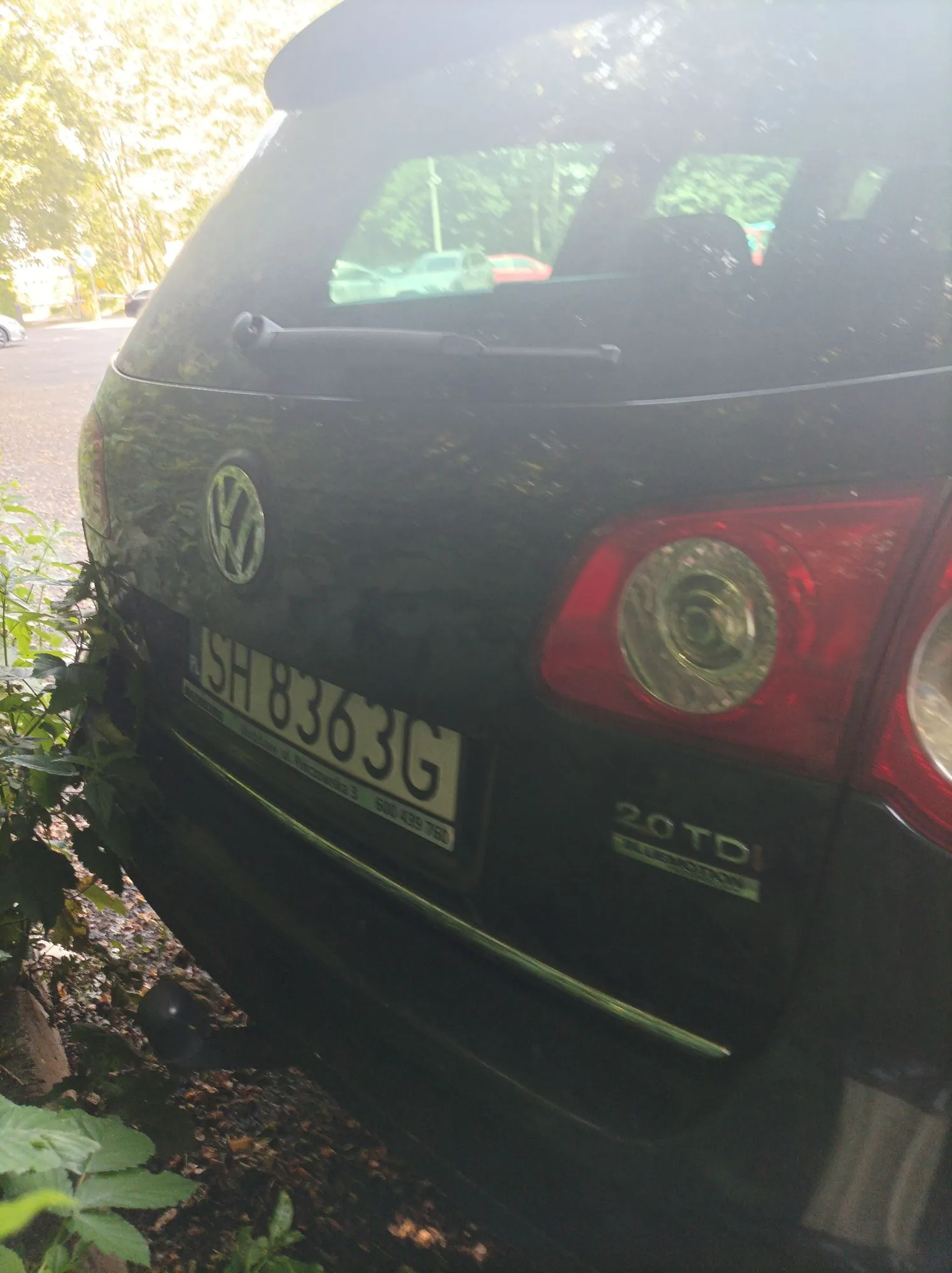 Tylna część ciemnego samochodu marki Volkswagen. Widoczne jest logo marki, tablica rejestracyjna o numerze SH 8363G oraz oznaczenie modelu 2.0 TDI BlueMotion. Samochód stoi zaparkowany obok zielonych krzewów.