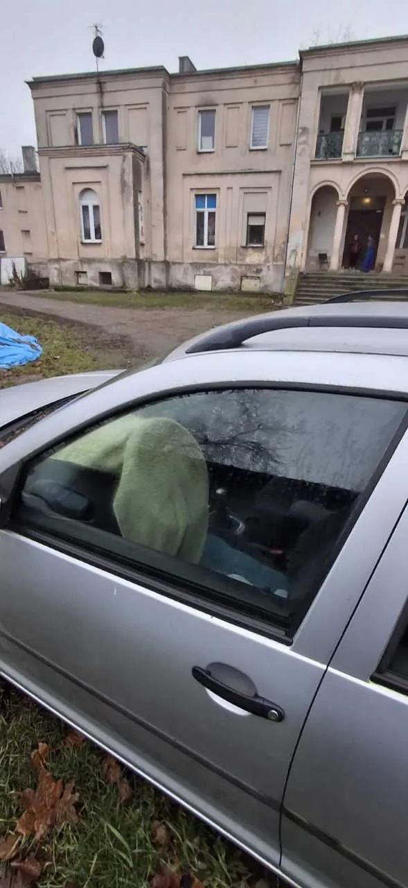 Srebrny samochód zaparkowany na trawie z opadłymi liśćmi, z zielonym ręcznikiem w oknie. W tle stary, beżowy budynek z uszkodzonymi ścianami, oknami i schodami prowadzącymi do wejścia z łukami. Dwie osoby stoją w drzwiach budynku. Niebo jest zachmurzone.