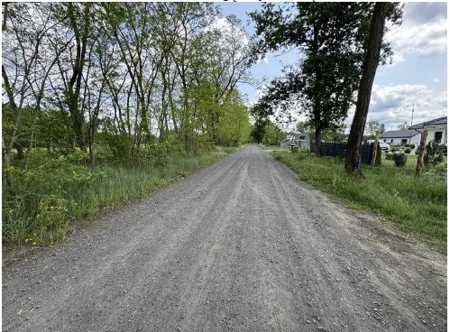 Szutrowa droga prowadząca w głąb obrazu. Po lewej stronie drogi znajduje się pas zielonej trawy i gęsty las liściastych drzew. Po prawej stronie widoczna jest trawa, kilka drzew oraz w oddali biały dom z ciemnym dachem i ogrodzeniem.