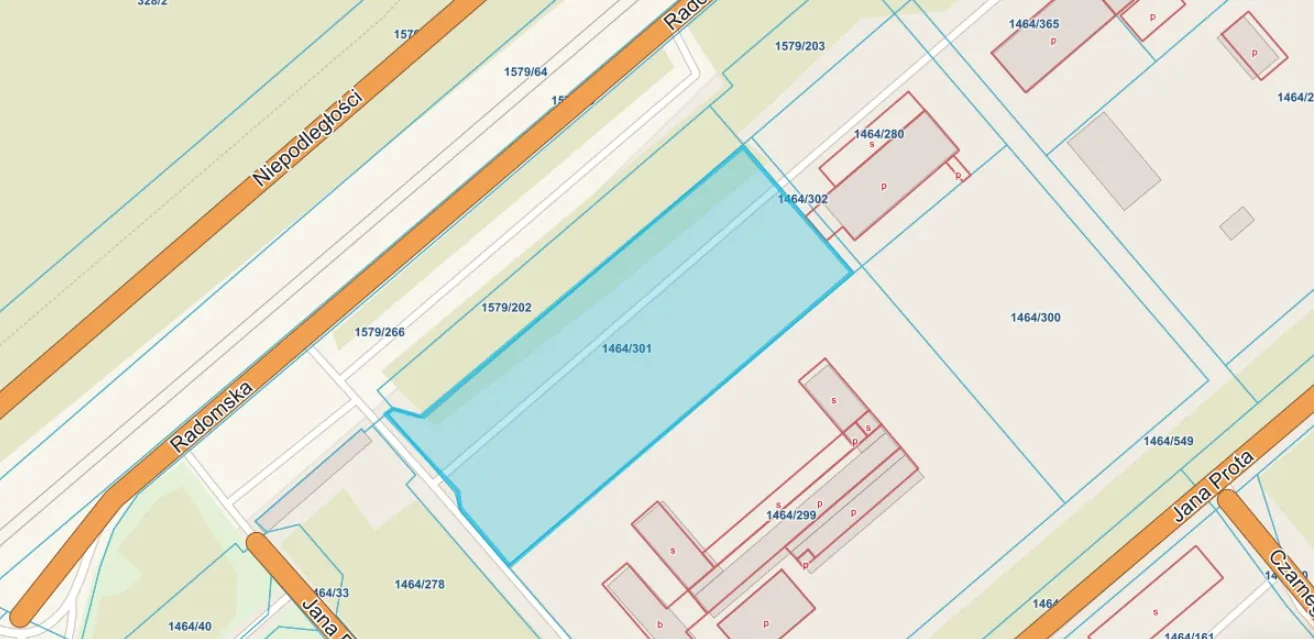 Fragment mapy geodezyjnej z zaznaczonymi działkami i drogami. Widoczne są nazwy ulic: 'Niepodległości', 'Radomska' oraz 'Jana Prota'. Na mapie znajdują się numery działek, m.in. 1579/64, 1579/202, 1464/301, 1464/300 oraz 1464/299. Jedna z działek (1464/301) jest wyróżniona jasnoniebieskim kolorem.