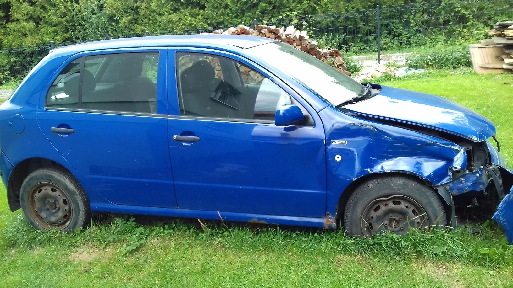 Niebieski samochód osobowy w nadwoziu hatchback z widocznymi dużymi uszkodzeniami przodu, w tym wgniecioną maską i zniszczonym zderzakiem. Pojazd stoi na trawiastym terenie na tle zielonych krzewów i stosu drewna.