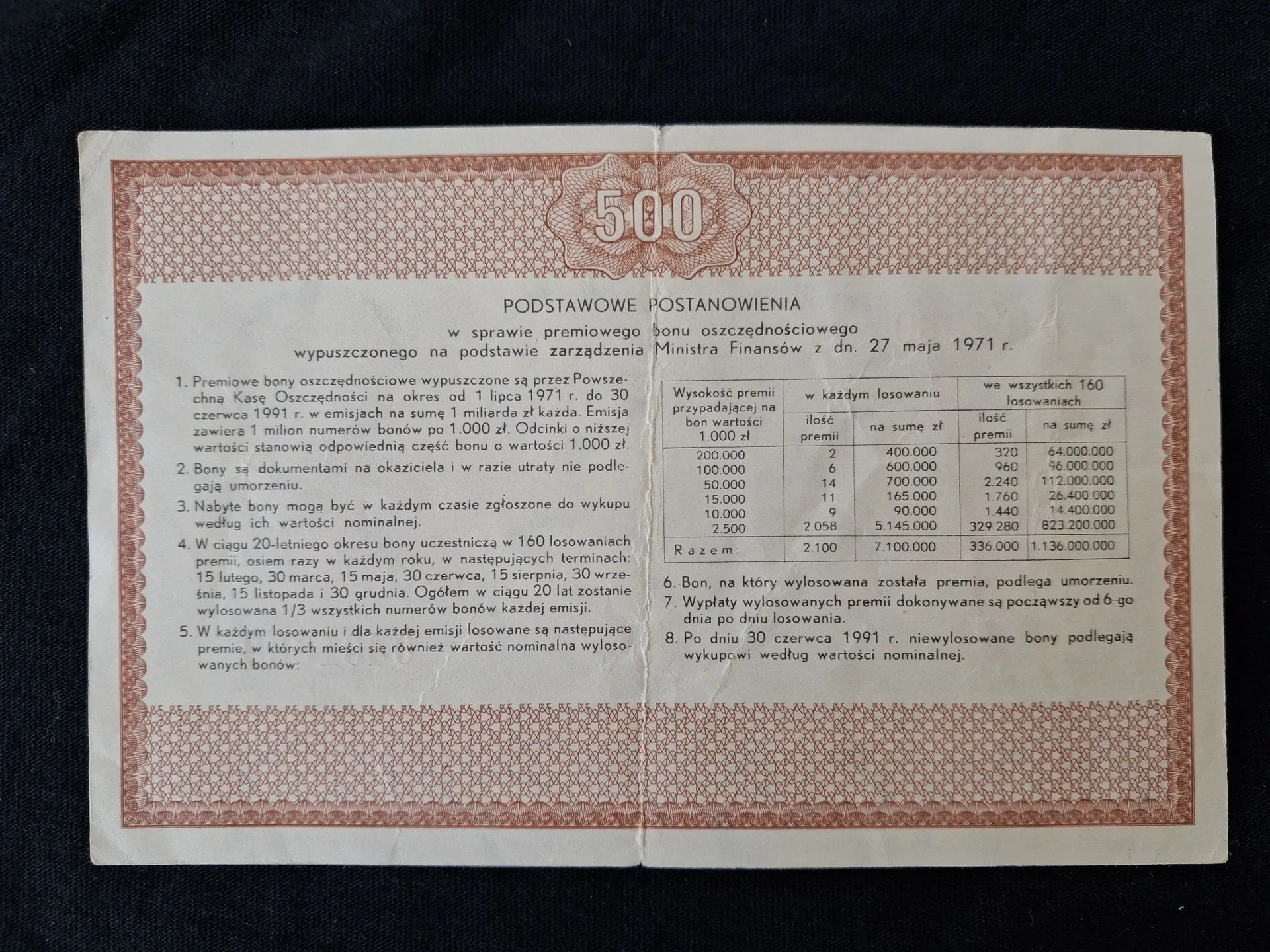 Zdjęcie dokumentu w kolorze beżowym z czerwonymi ramkami, zawierającego tekst w języku polskim. Na górze znajduje się duża liczba '500'. Tytuł dokumentu to 'PODSTAWOWE POSTANOWIENIA w sprawie premiowego bonu oszczędnościowego wypuszczonego na podstawie zarządzenia Ministra Finansów z dn. 27 maja 1971 r'. Poniżej znajduje się numerowana lista z ośmioma punktami oraz tabela z danymi liczbowymi dotyczącymi wysokości premii, ilości i sum w złotych (zł).