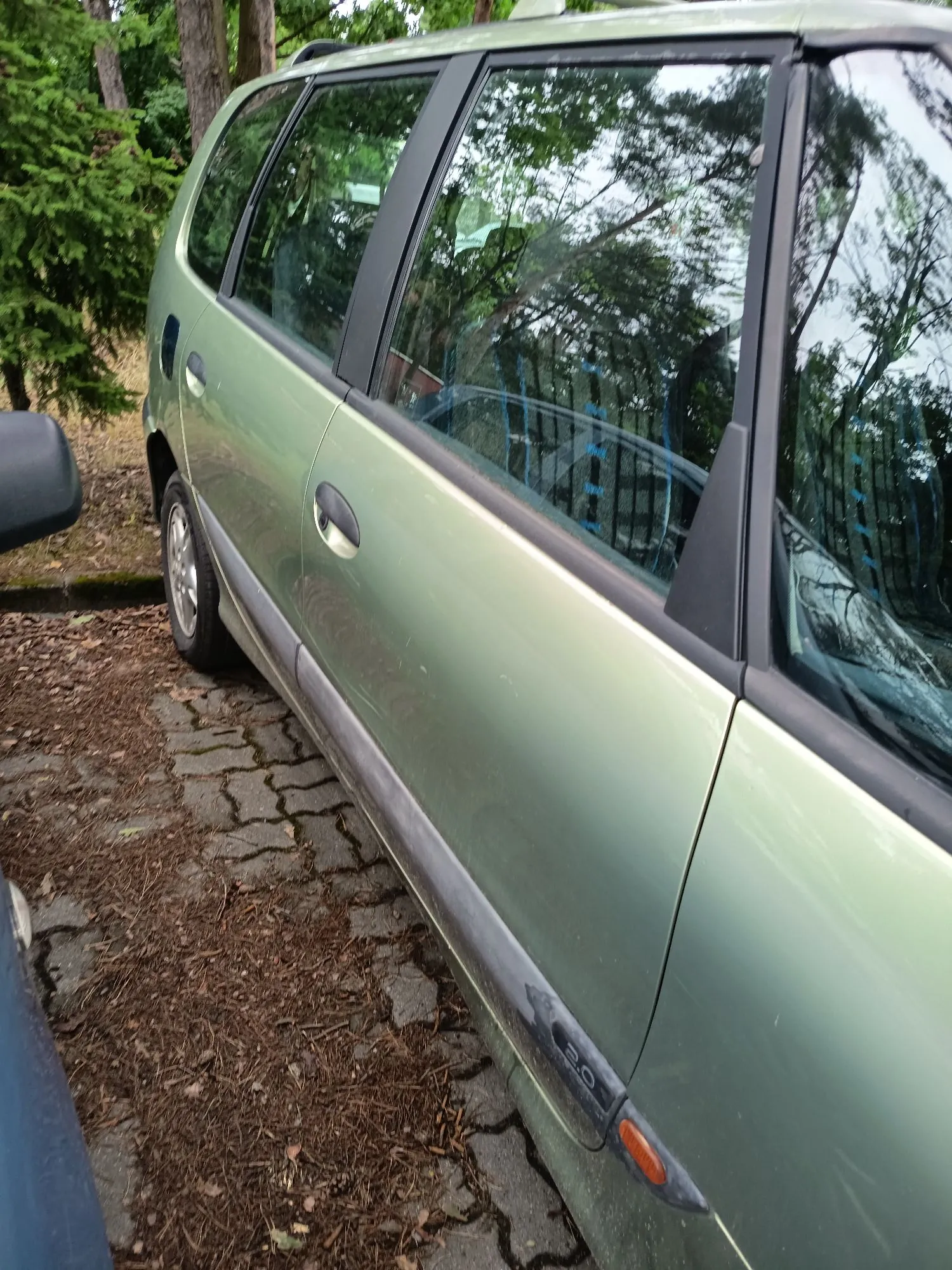 Zbliżenie na prawy bok zielonego samochodu typu kombi, zaparkowanego na podłożu z kostki brukowej i ziemi. Widoczne są drzwi pasażera, tylne drzwi oraz tylna szyba, w której odbijają się drzewa. Na dolnej listwie bocznej widoczny jest mały napis '2.0'. W tle znajdują się zielone drzewa i krzewy.