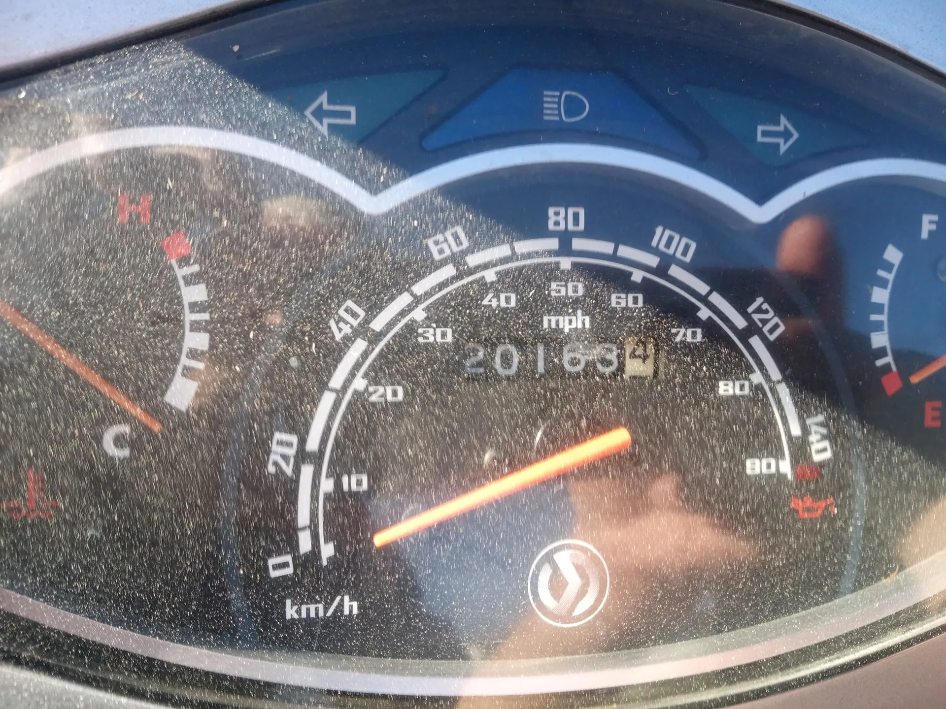 Zbliżenie na deskę rozdzielczą motocykla. W centrum znajduje się prędkościomierz z dwiema skalami: zewnętrzną w km/h (od 0 do 140) i wewnętrzną w mph (od 0 do 70). Wskazówka prędkościomierza znajduje się w pozycji niskiej. Wewnątrz tarczy widoczny jest licznik przebiegu z wartością 20163. Po lewej stronie znajduje się wskaźnik temperatury z oznaczeniami 'C' i 'H', a po prawej wskaźnik poziomu paliwa z oznaczeniami 'E' i 'F'. Na górze widoczne są kontrolki: strzałka w lewo, symbol świateł i strzałka w prawo.